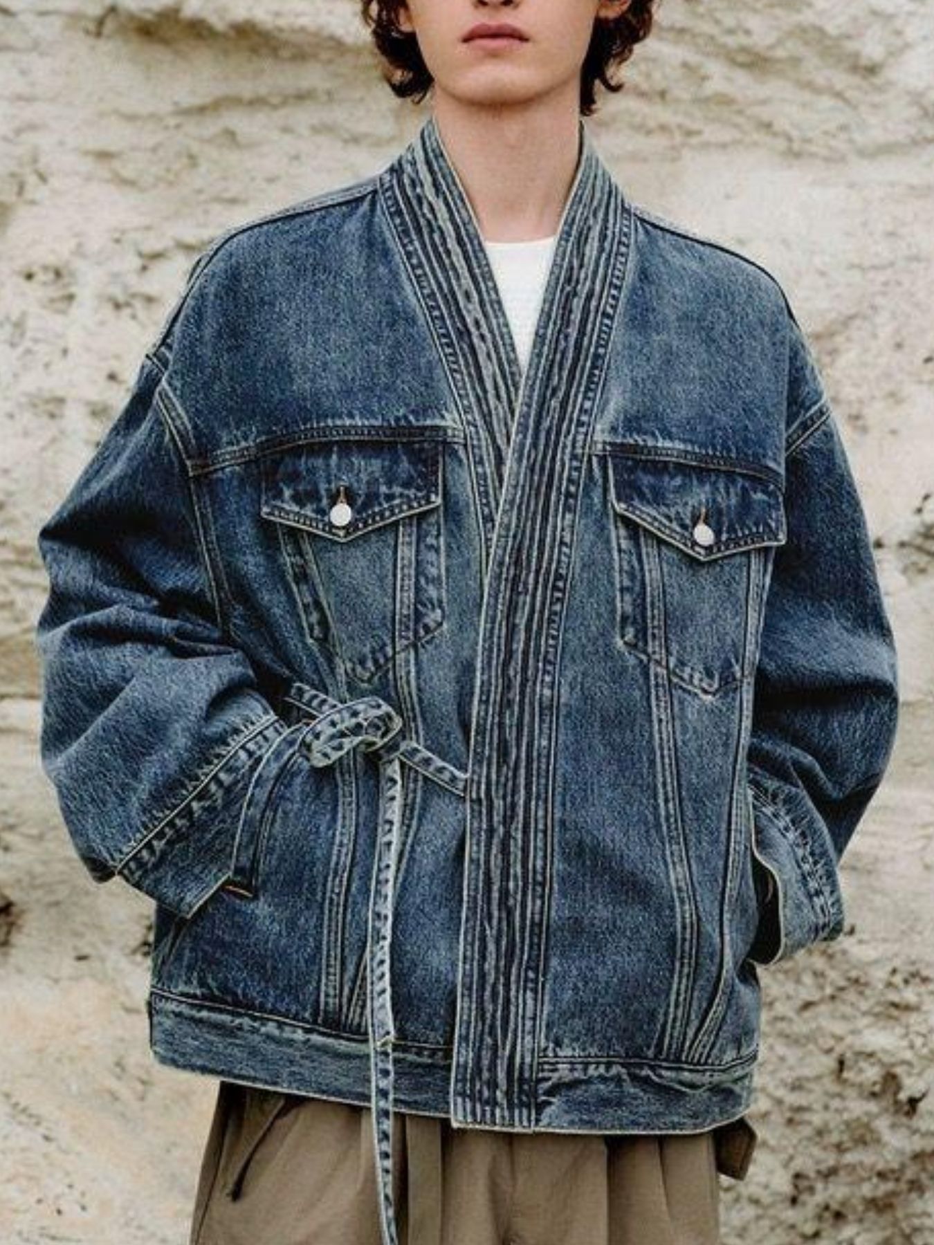 Men's Plus Size Washed Tied Long Sleeve Denim Jacket