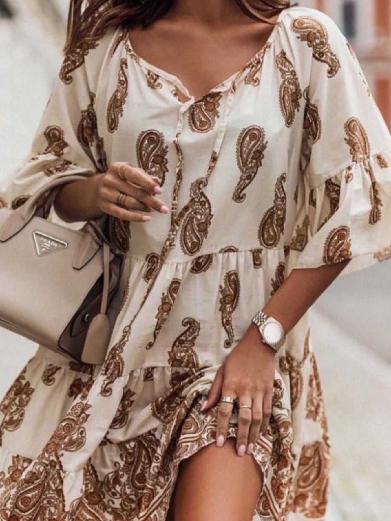 Paisley Print Tie Neck Half Sleeve Mini Dress