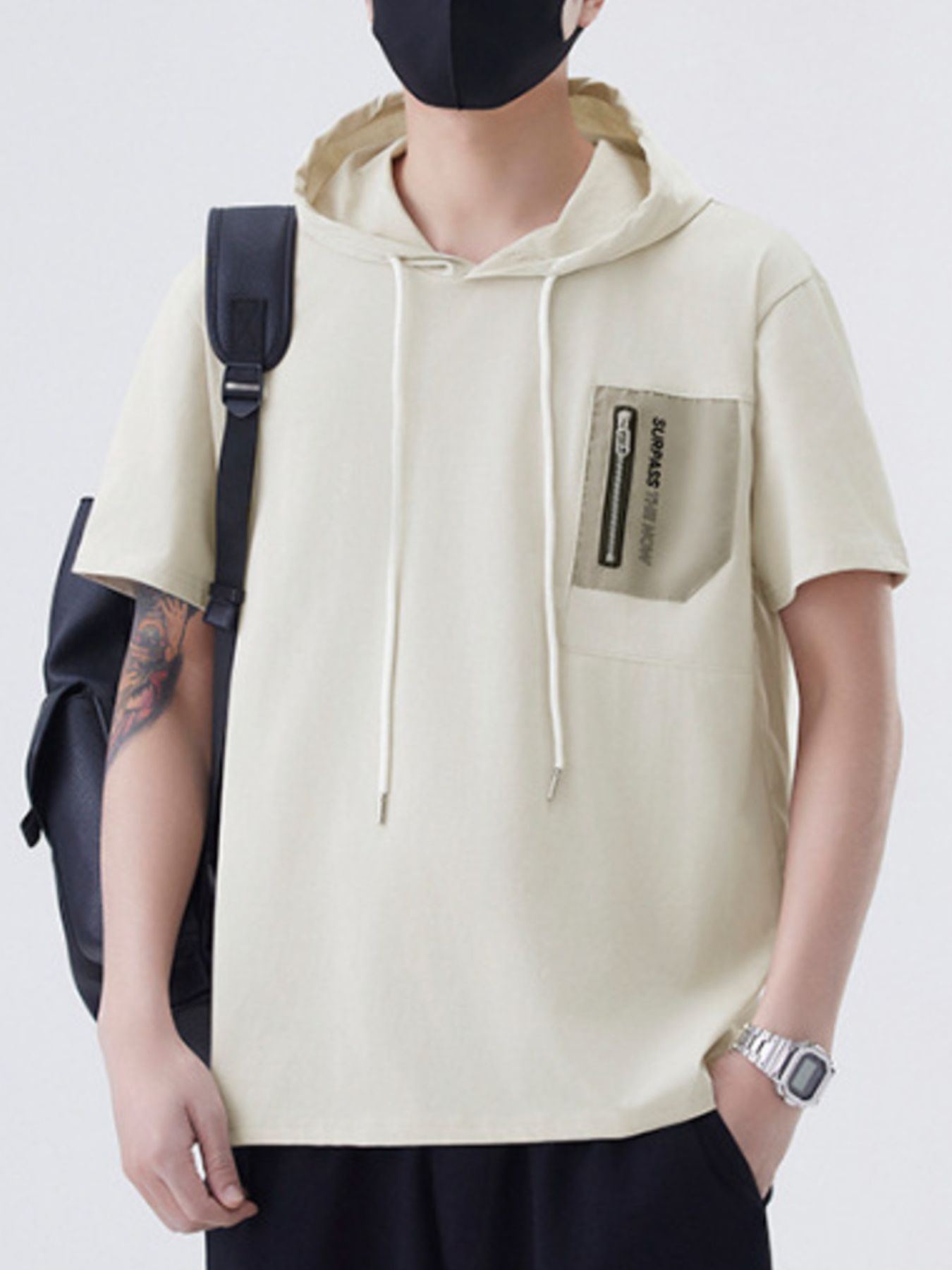 Men's Plus Size Drawstring Short Sleeve Hooded Top