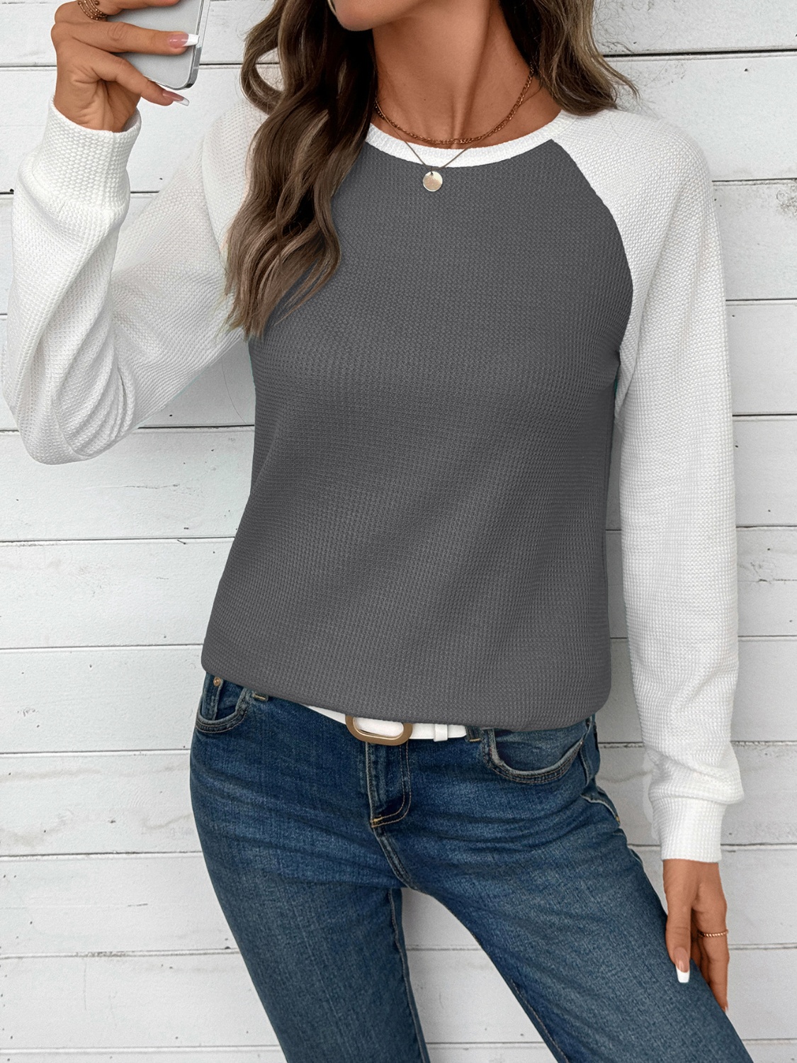 Waffle Knit Raglan Sleeve T-Shirt