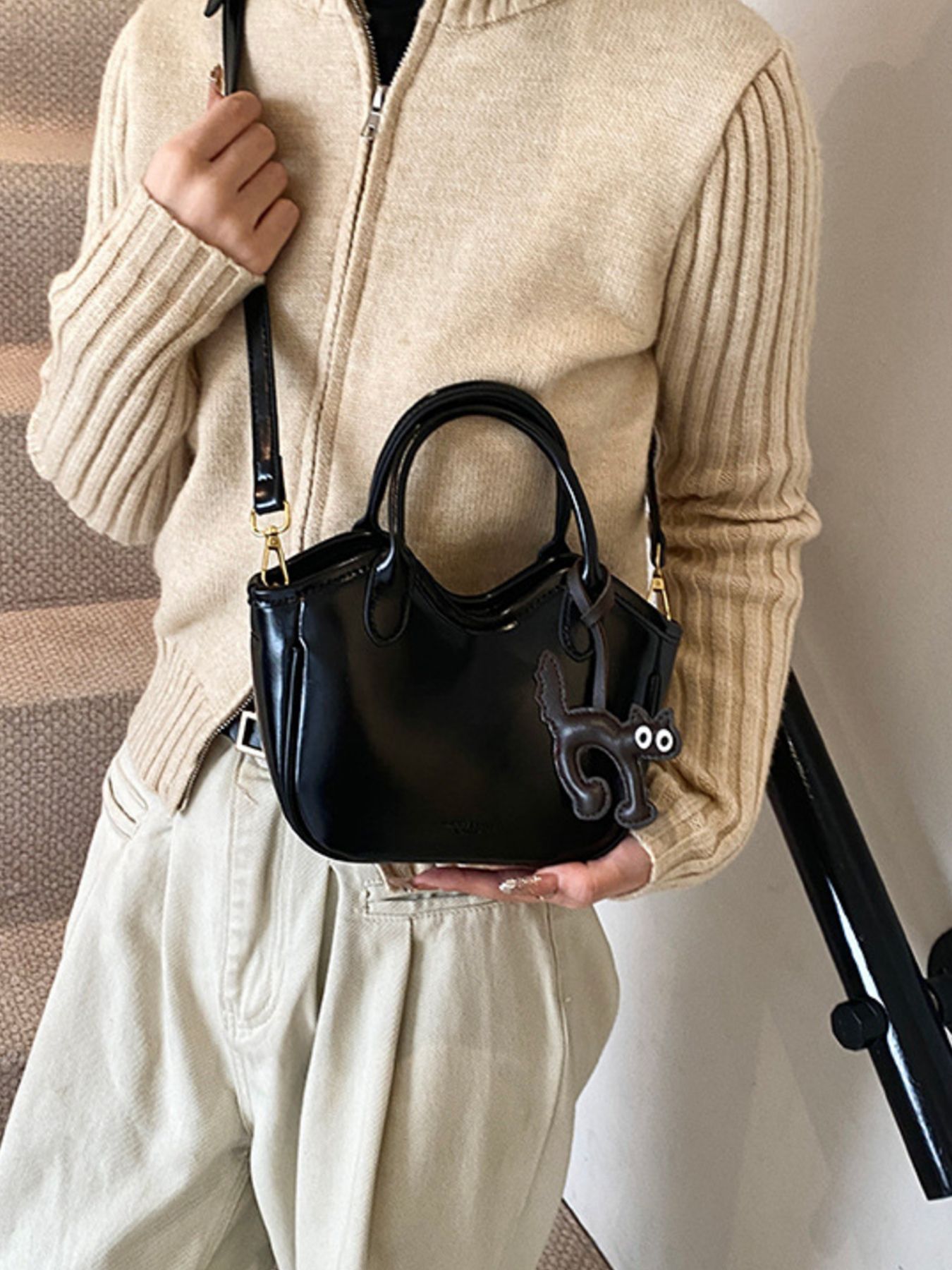 Leather Cat Charm Crossbody Bag