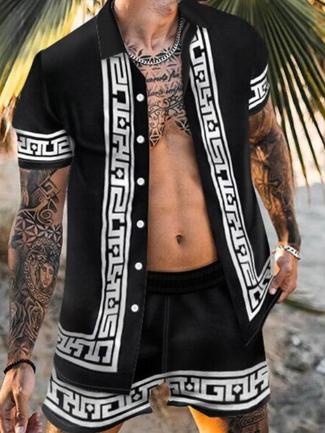 Men's Full Size Printed Button Up Top and Shorts Set Plus Size
