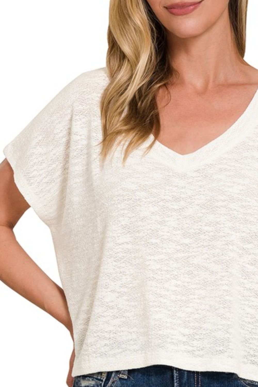 Hacci Slub V-neck Drop Shoulder Crop Top