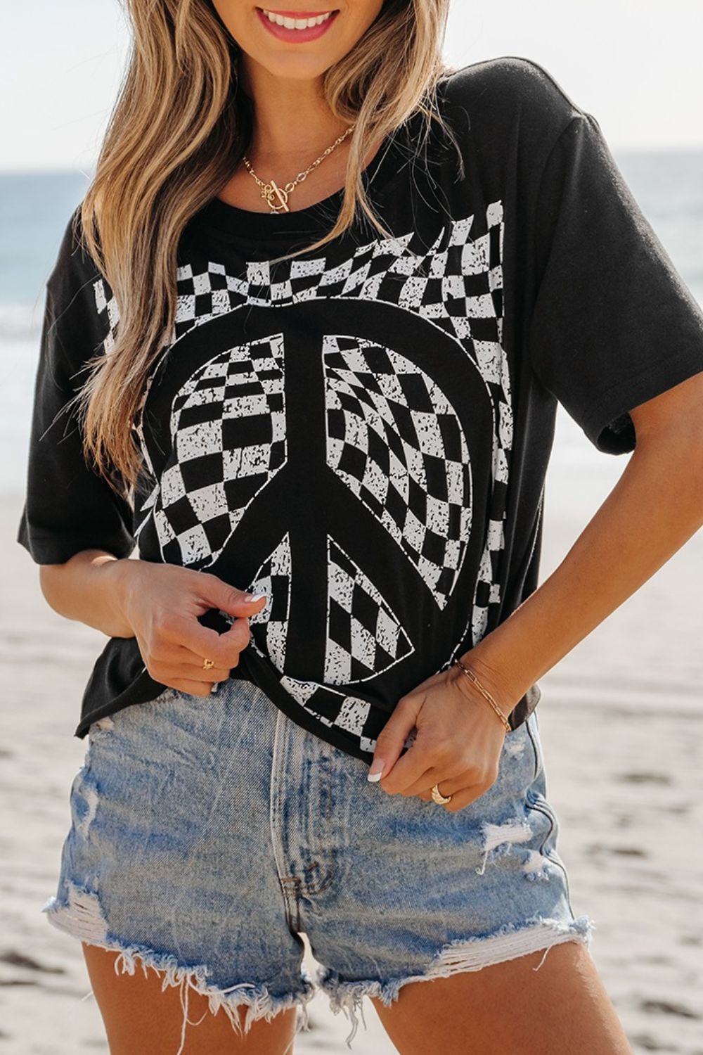 Checkered Peace Sign Round Neck T-Shirt