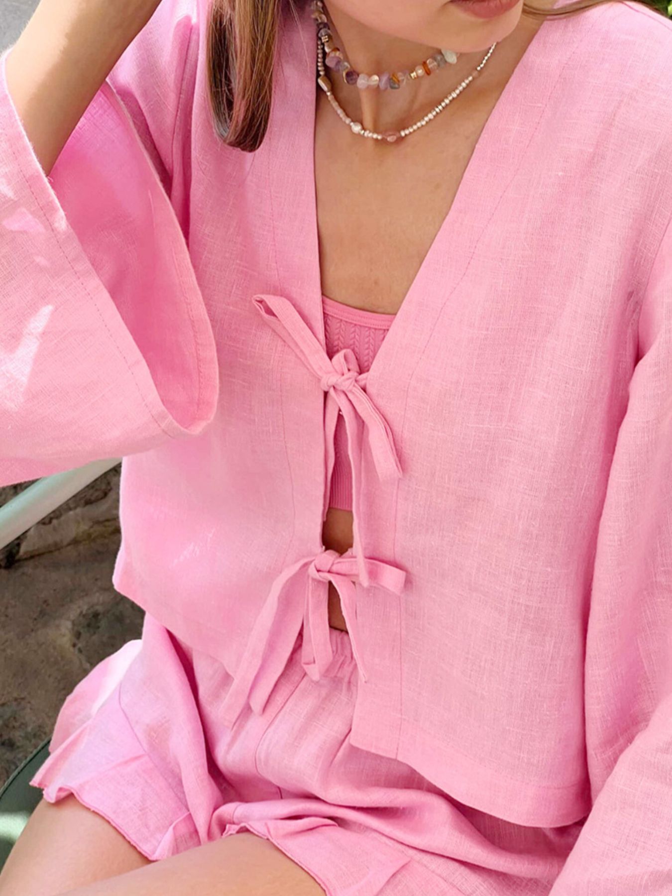 Tie Front Long Sleeve Top and Shorts Set