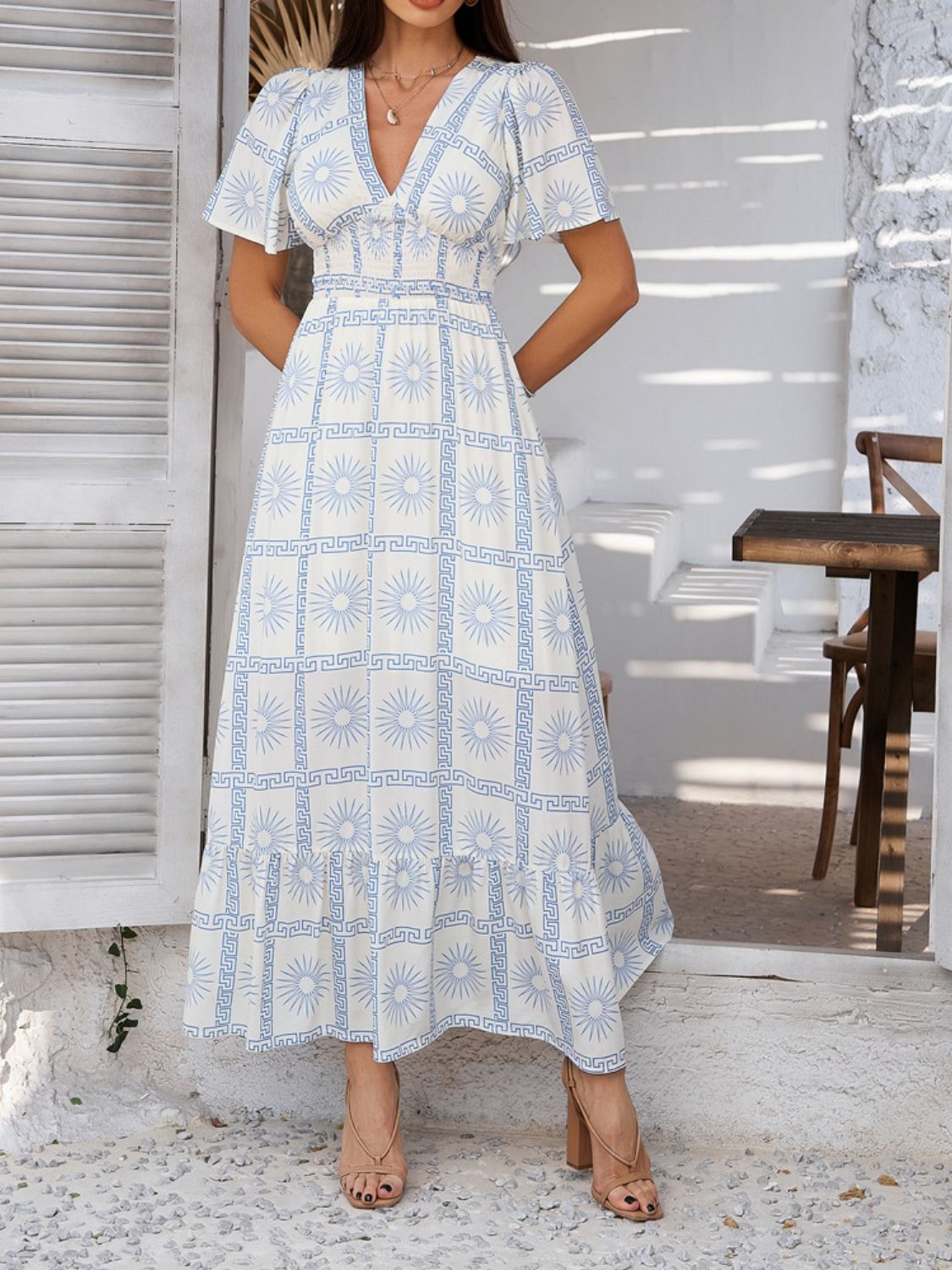 Smocked Printed V-Neck Short Sleeve Maxi Dress
