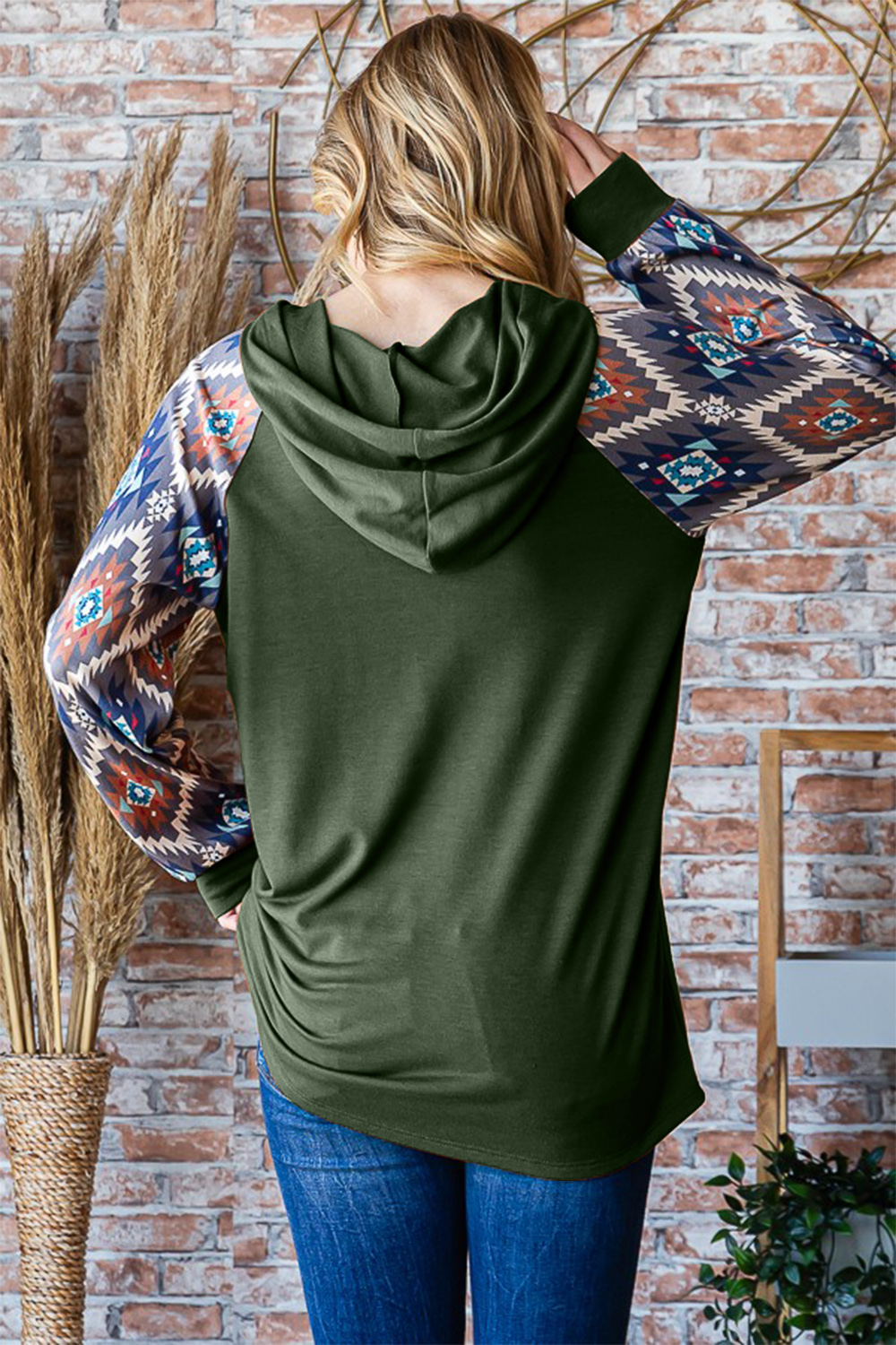 Full Size Half Button Printed Long Sleeve Hooded Top