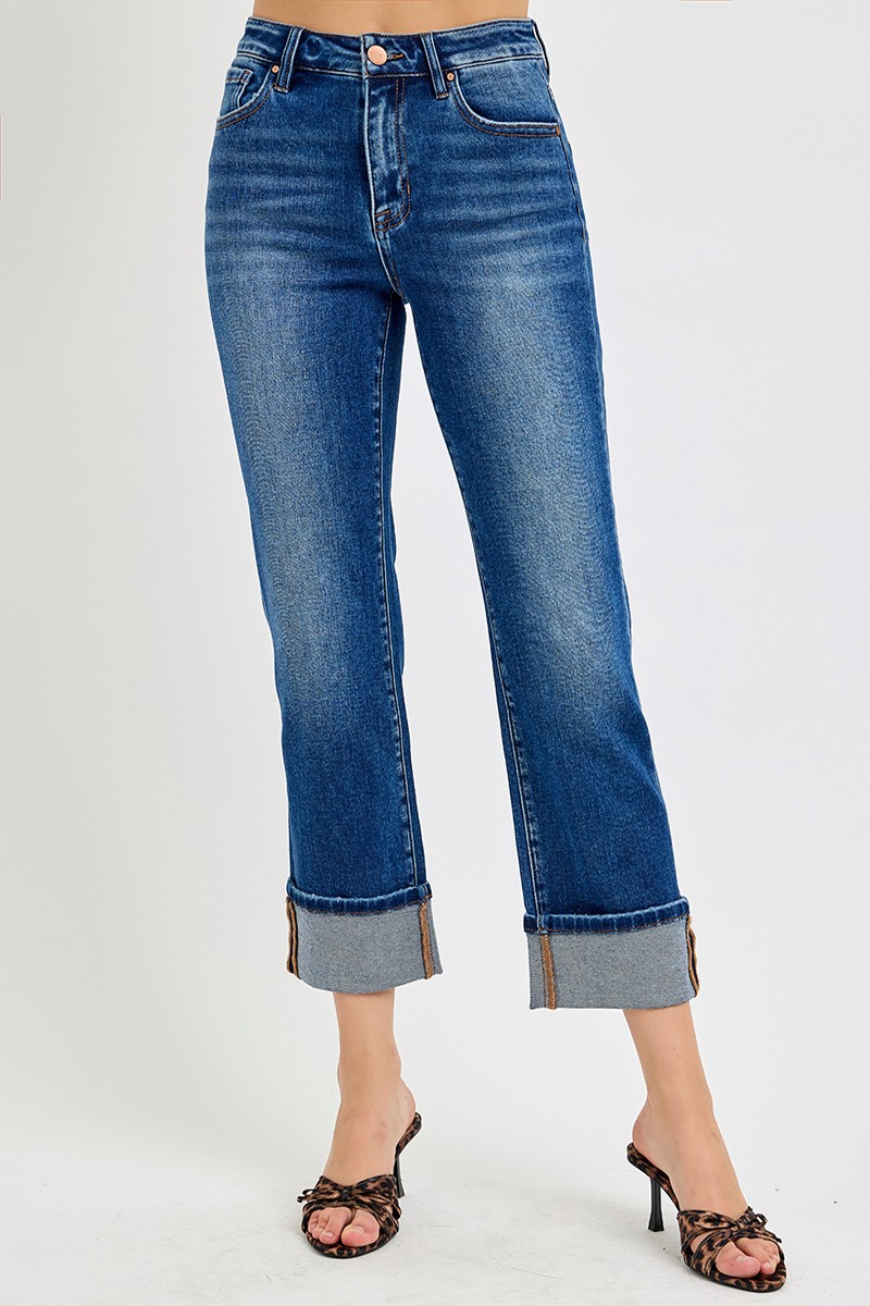 Full Size High Rise Ankle Straight Cuffed Jeans Plus Size