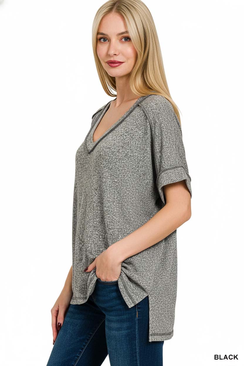 Full Size Soft Melange Hacci V-Neck Short Sleeve Hi-low Tee Plus Size