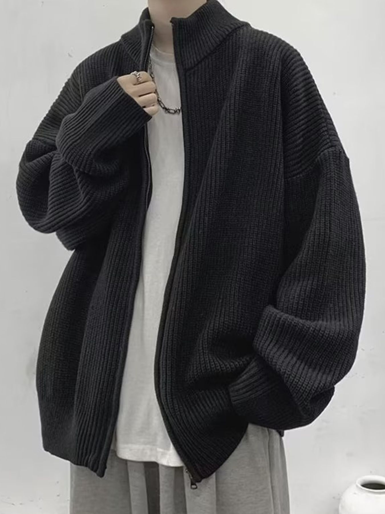 Men's Oversized Ribbed Zip-Up Sweater Cardigan