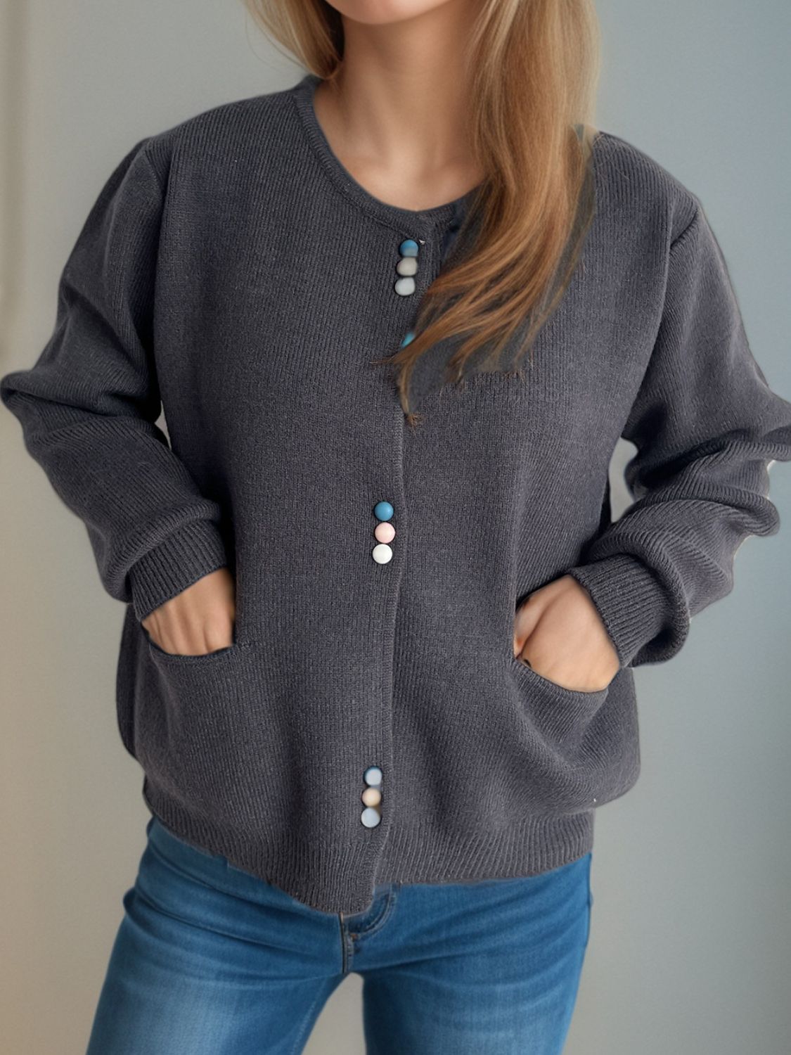 Button Down Long Sleeve Cardigan with Pockets view 5