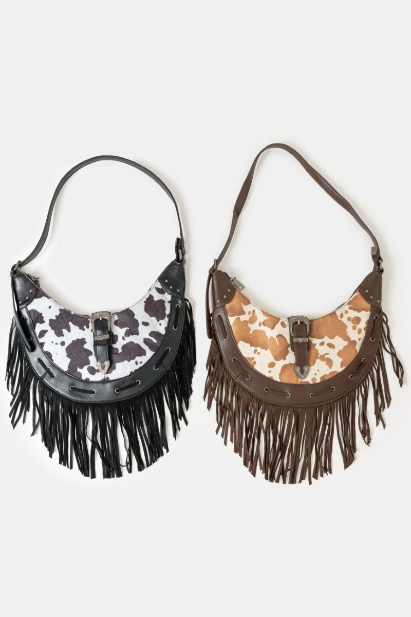 Fame Cow Print Faux Leather Fringe Hobo Bag