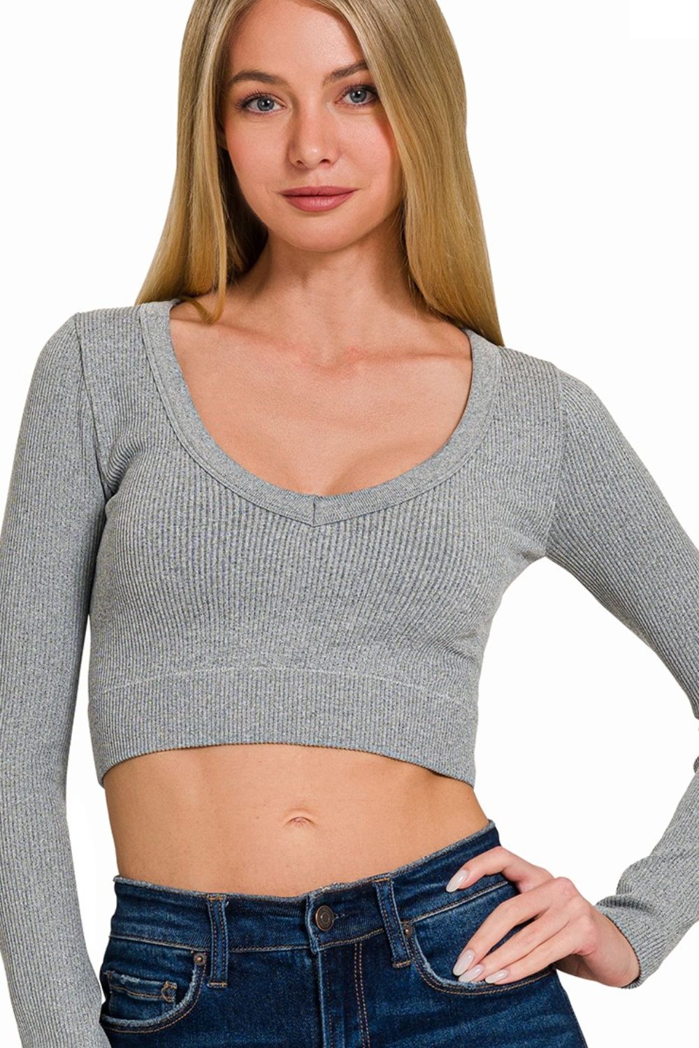 Seamless Fitted Rib V-neck Long Sleeve Crop Top