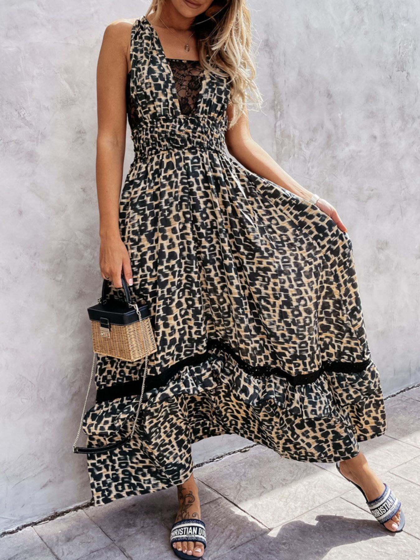 Leopard Print Sleeveless Maxi Dress with Lace Trim