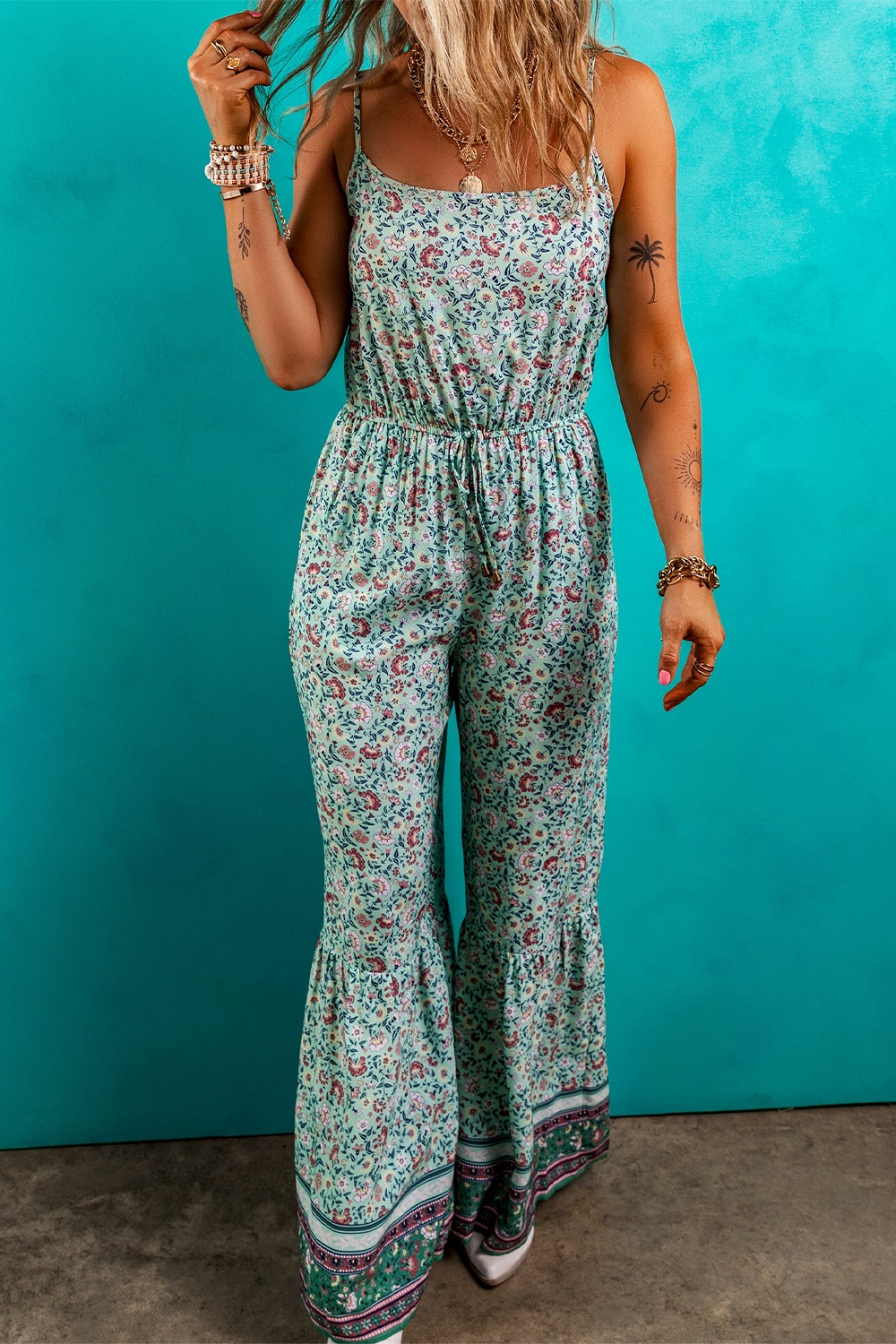 Bohemian Floral Ruffle Bottom Spaghetti Strap Jumpsuit