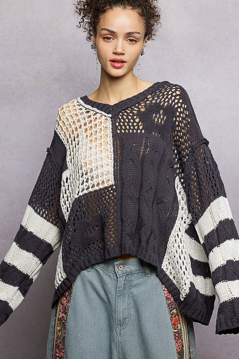 Color-Blocked Stripe Pattern Knit Top with Twisted Weave