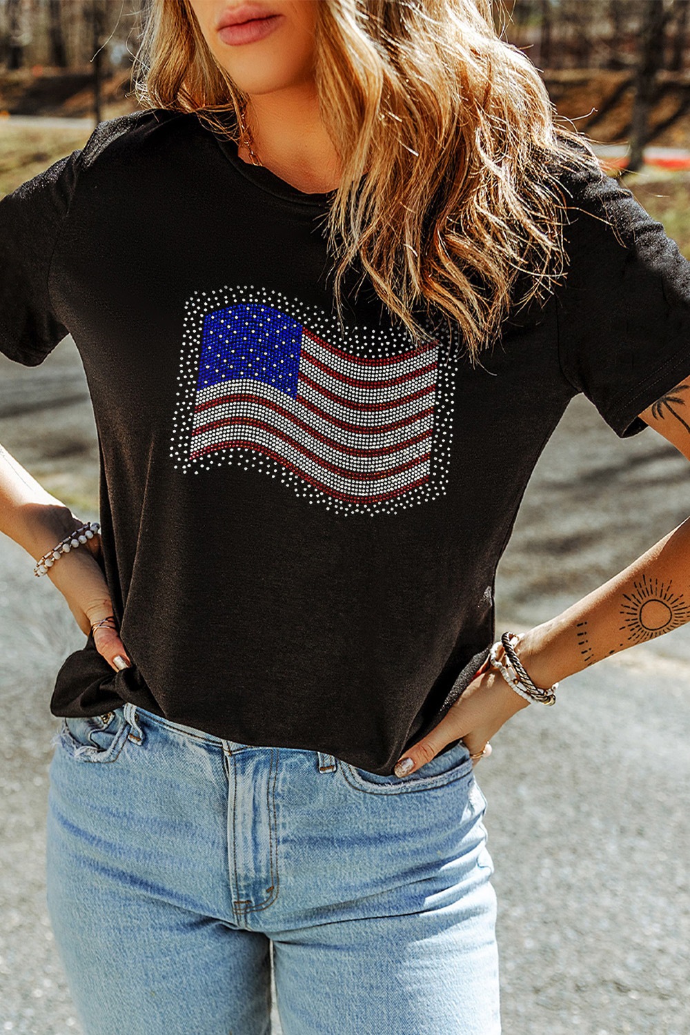 US Flag Round Neck Short Sleeve T-Shirt