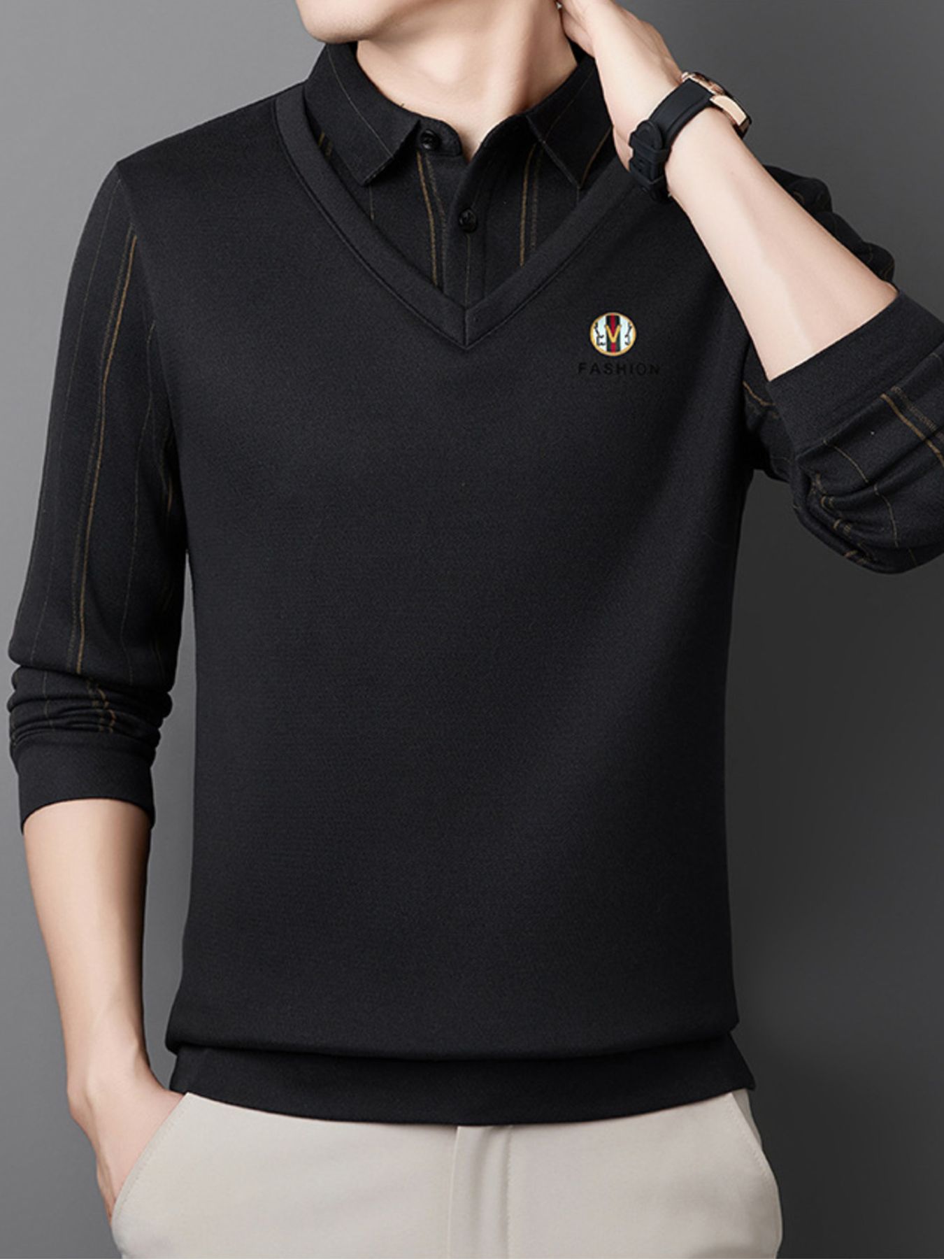 Men's Plus Size Layered Style Long Sleeve Polo