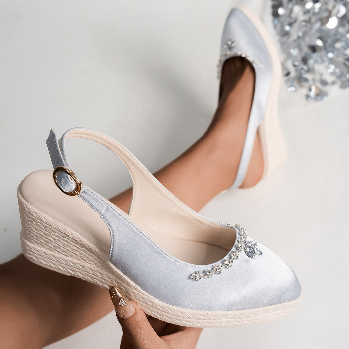 Rhinestone Point Toe Wedge Slingback Sandals