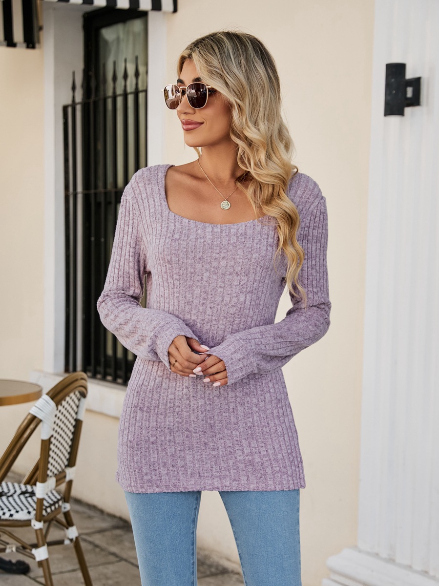 Ribbed Square Neck Long Sleeve T-Shirt