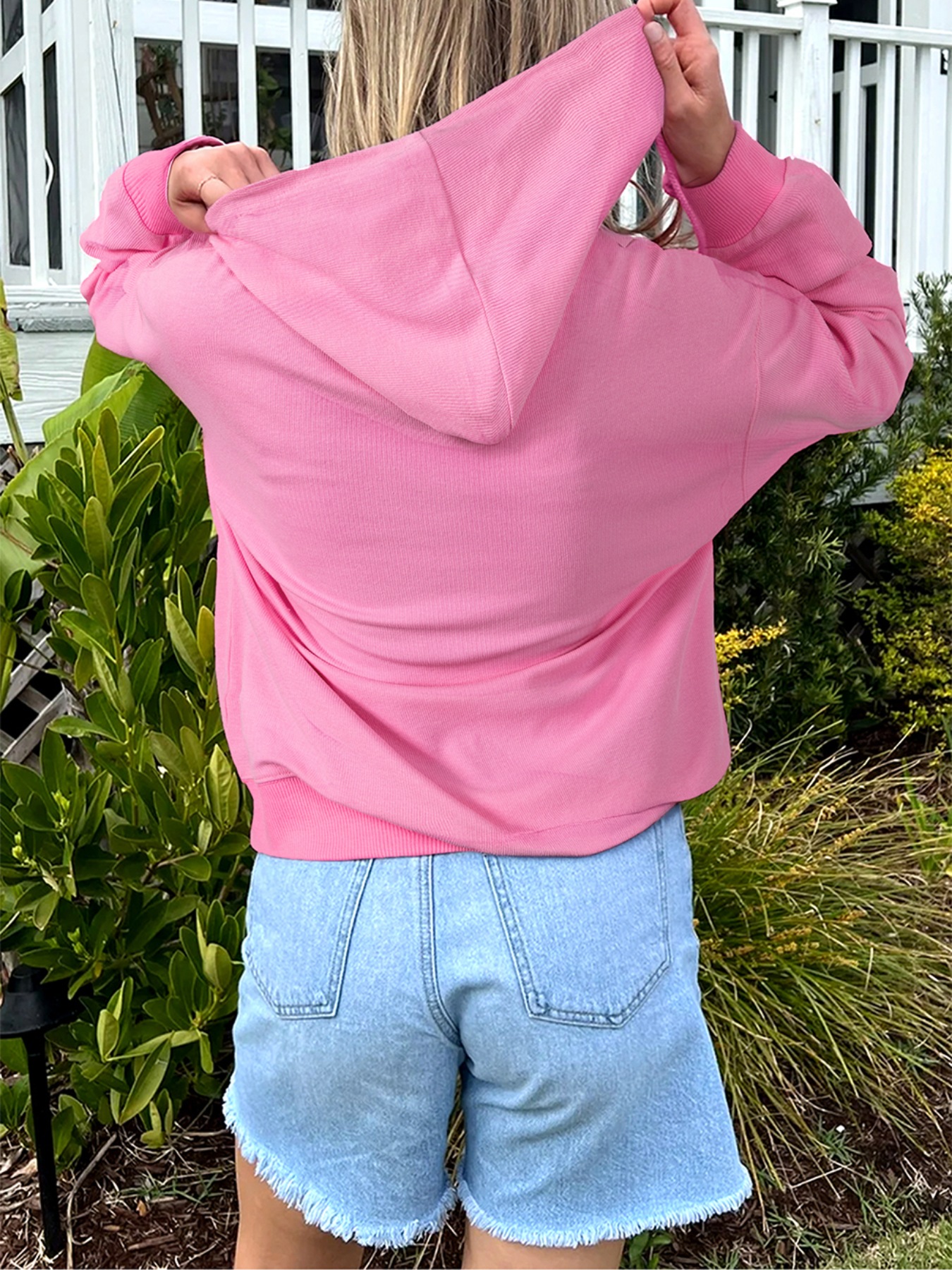 Solid Color Ribbed Zip Up Drawstring Hooded Jacket