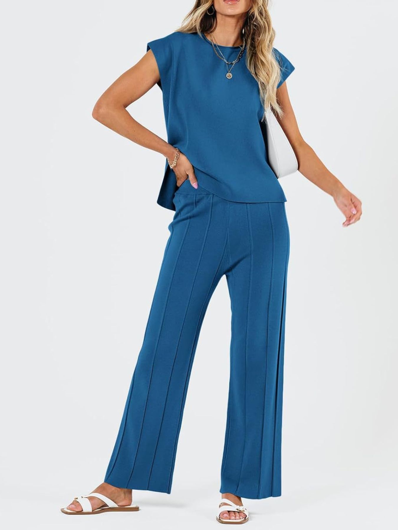 Casual Solid Color Cap Sleeve Top and Pants Knit Set