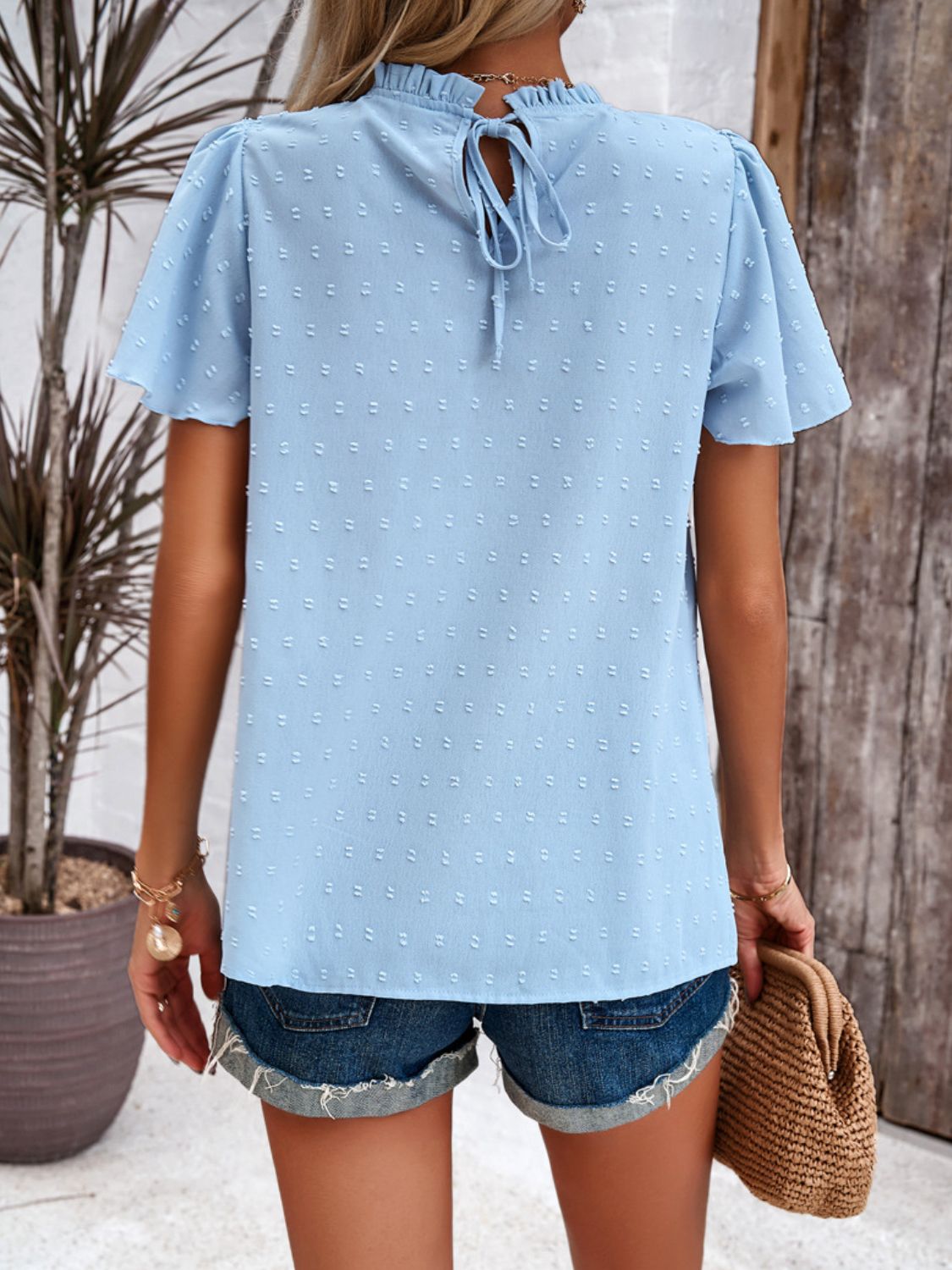 Swiss Dot Smocked Round Neck Short Sleeve Blouse