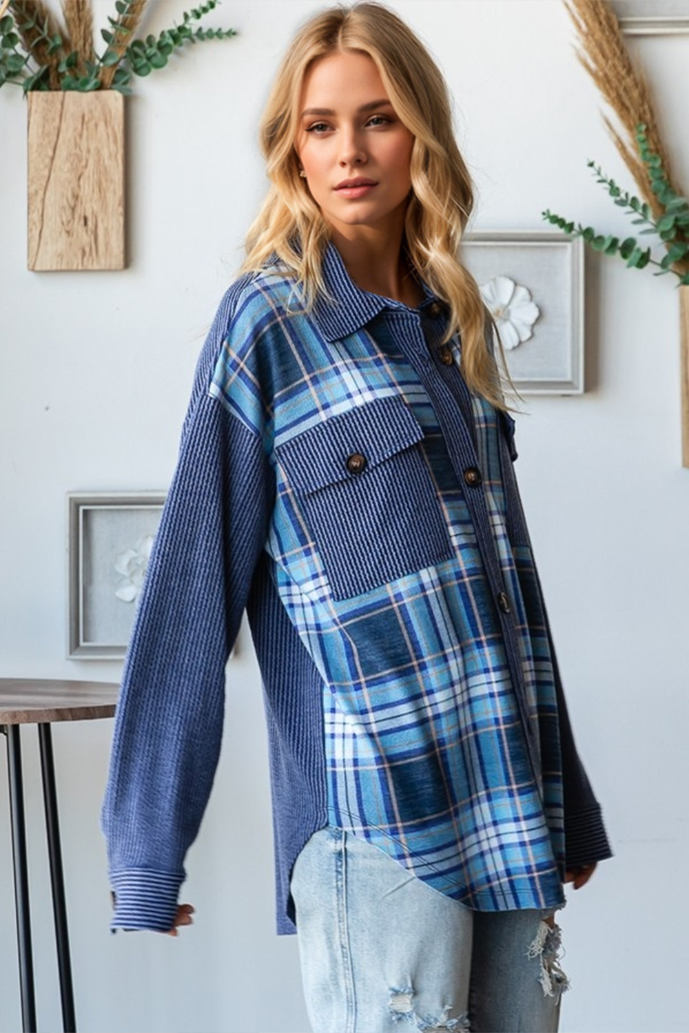 Plaid Button Up Long Sleeve Shacket with Breast Pockets