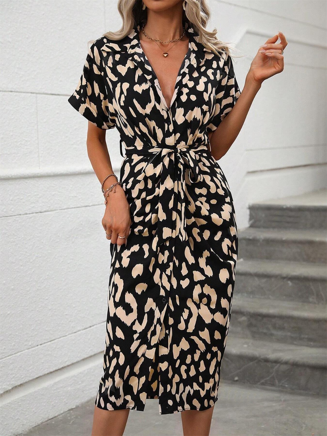 Short Sleeve Tie Waist Dress