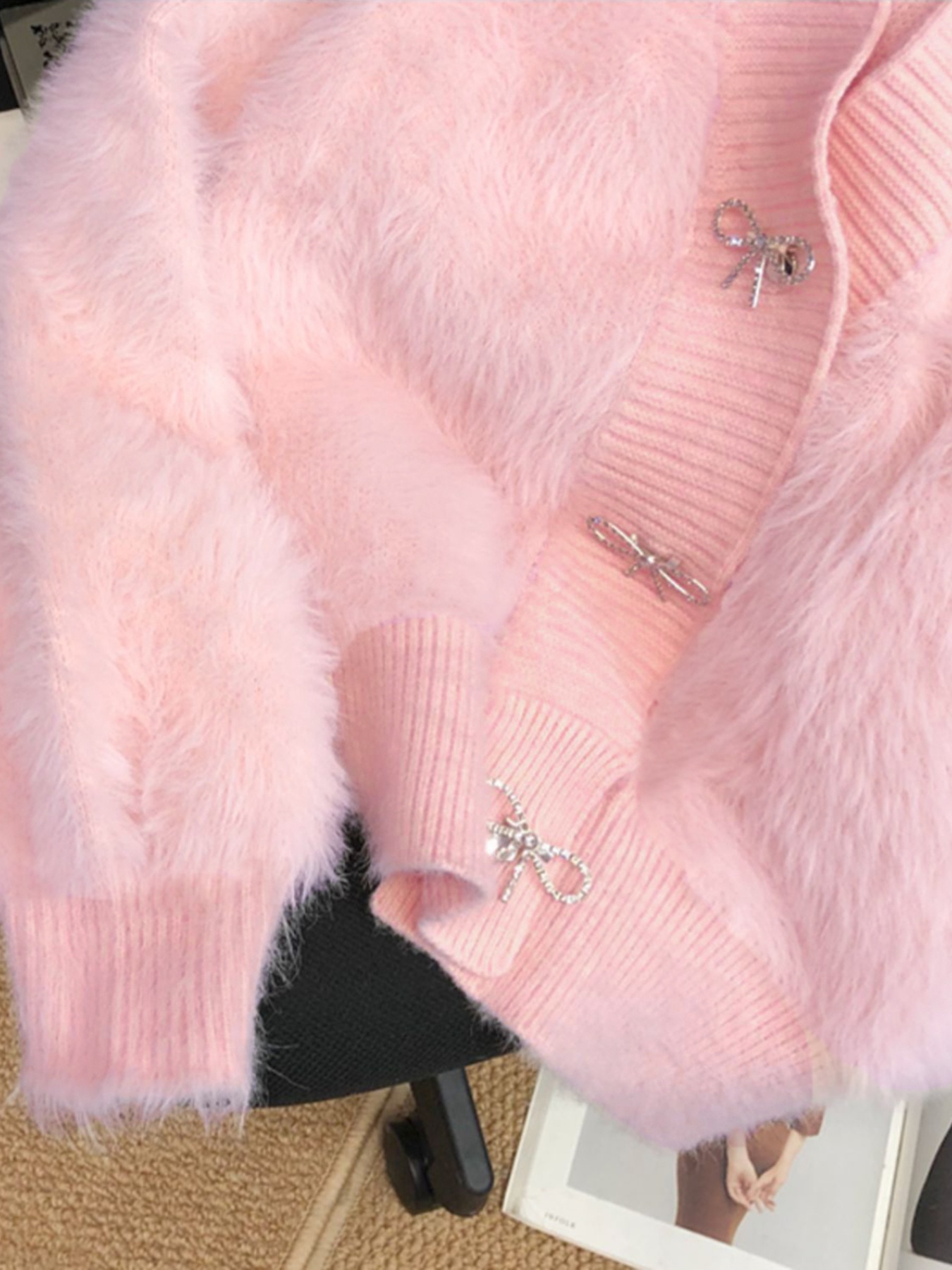 Fuzzy Bow Button Up Cardigan