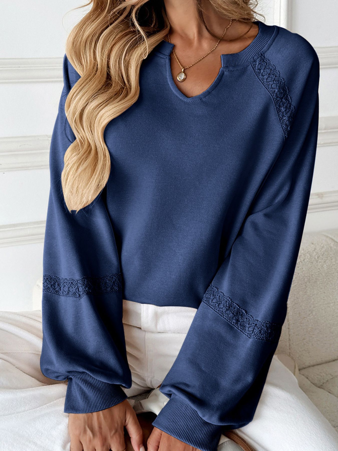 Notched Raglan Sleeve Sweatshirt