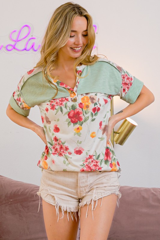 Floral Button Detail Round Neck Short Sleeve Terry T-Shirt
