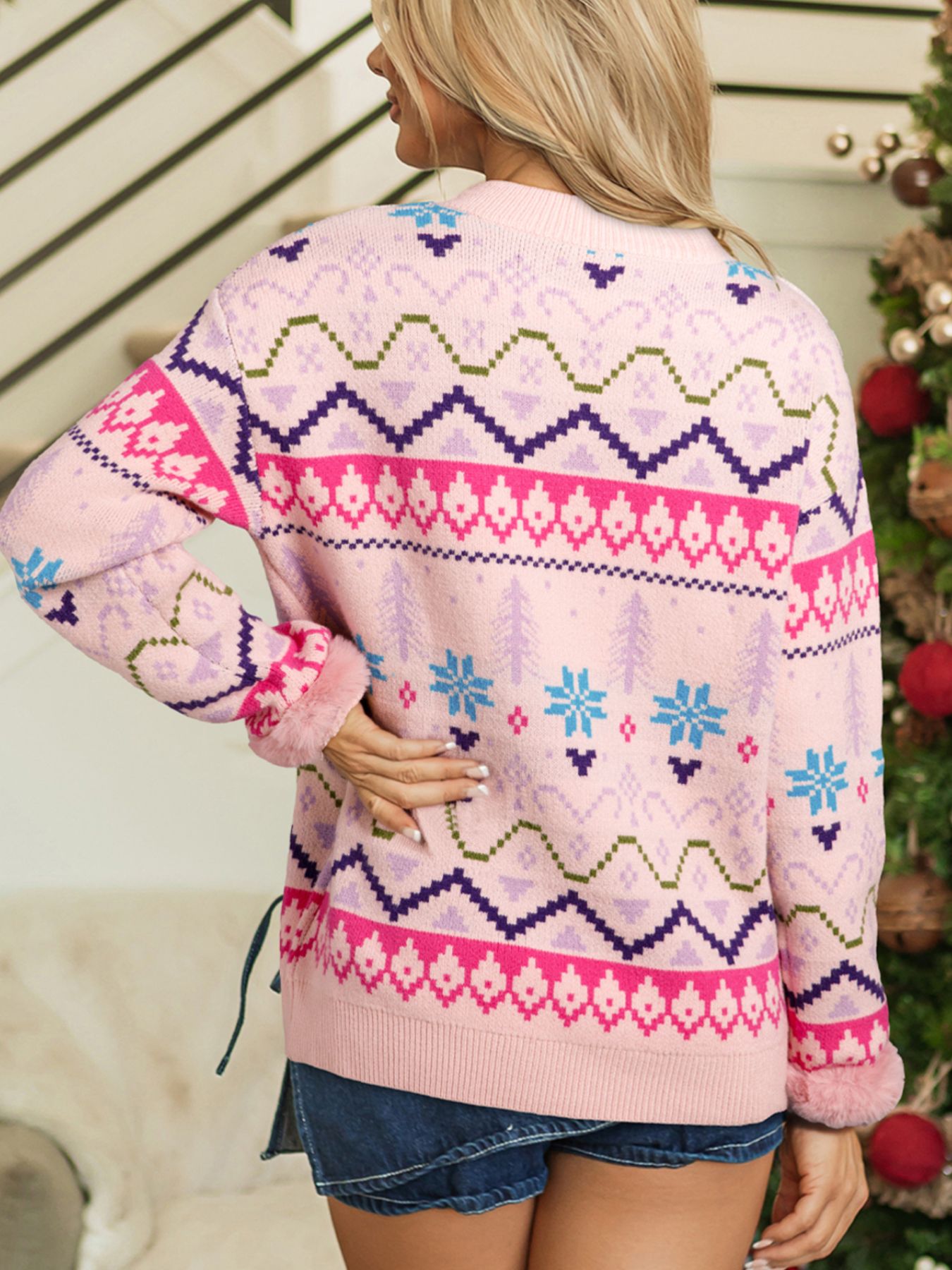 Multicolour Ethnic Christmas Pattern Knit Feather Cuffed Sweater