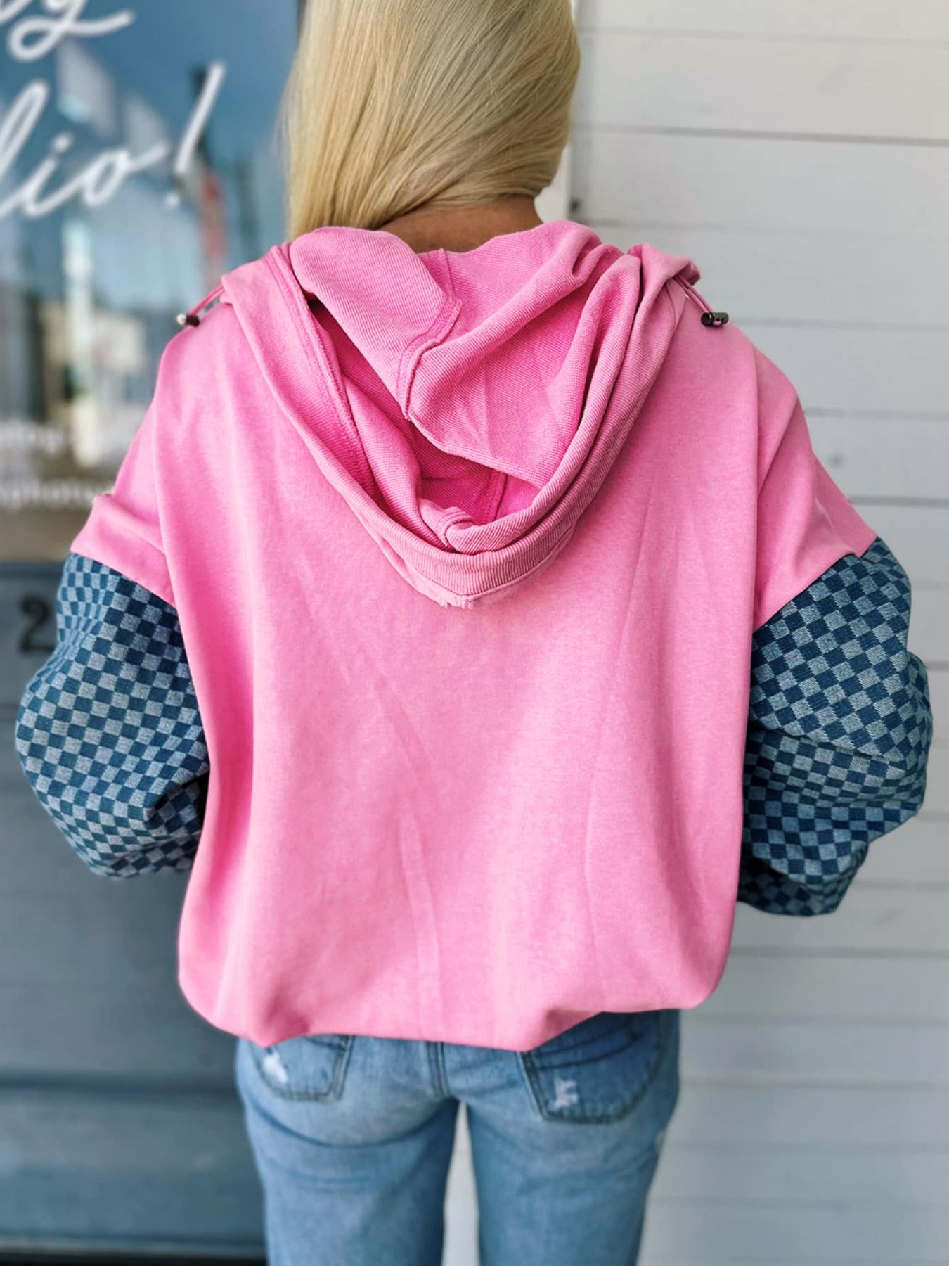 Half Zip Checkered Sleeve Hoodie