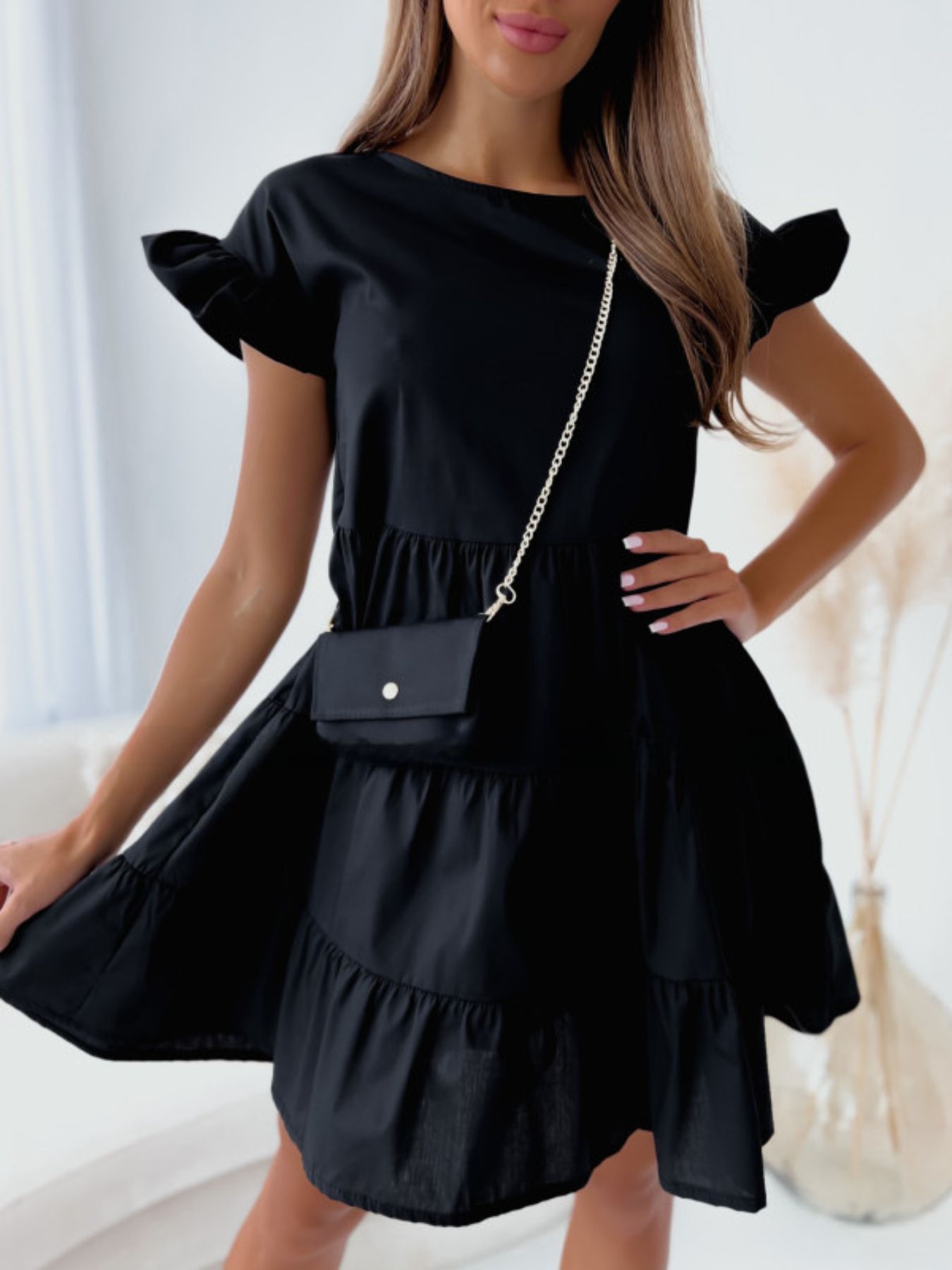 Ruffle Sleeve Tiered Swing Dress