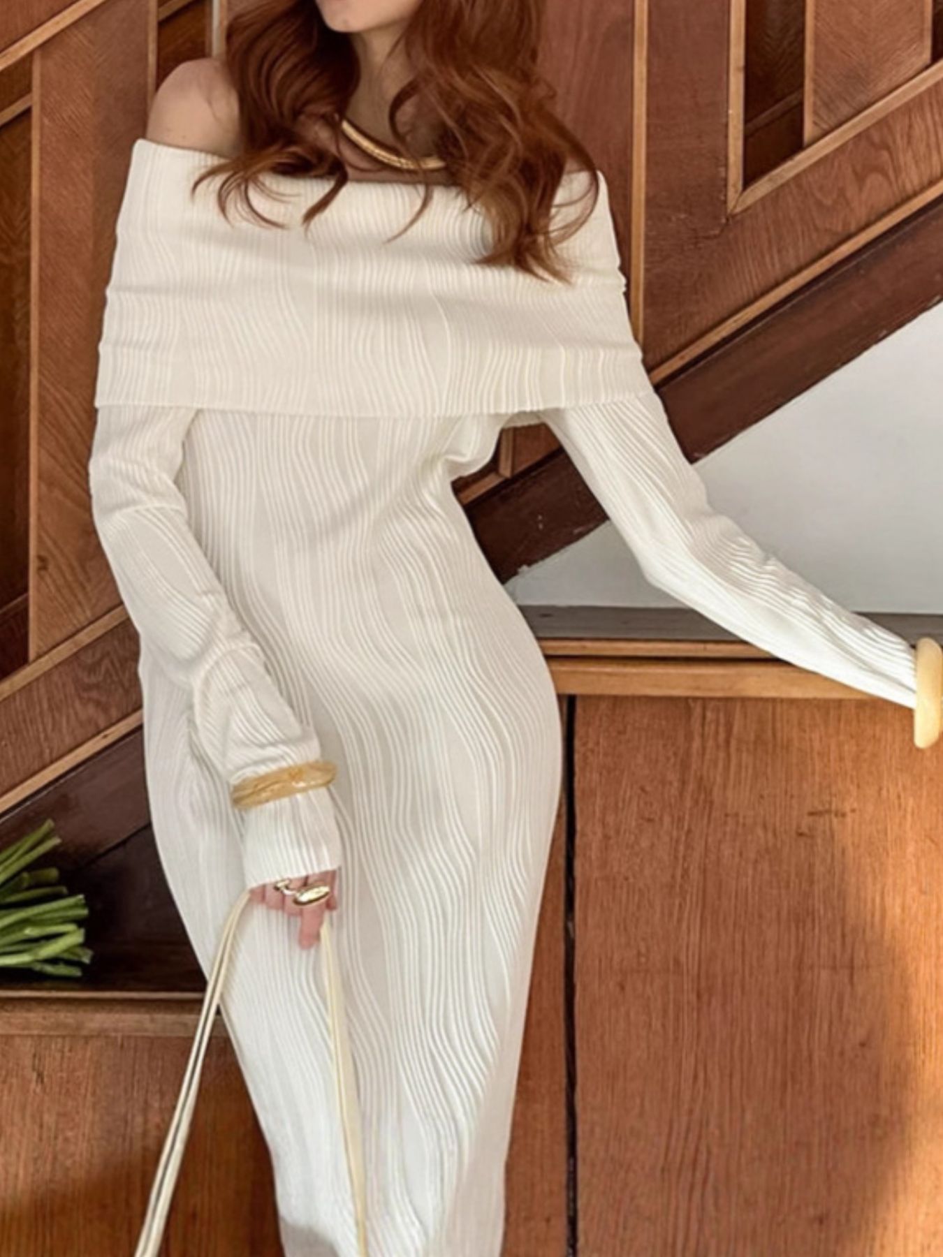 Off-Shoulder Textured Knit Maxi Dress