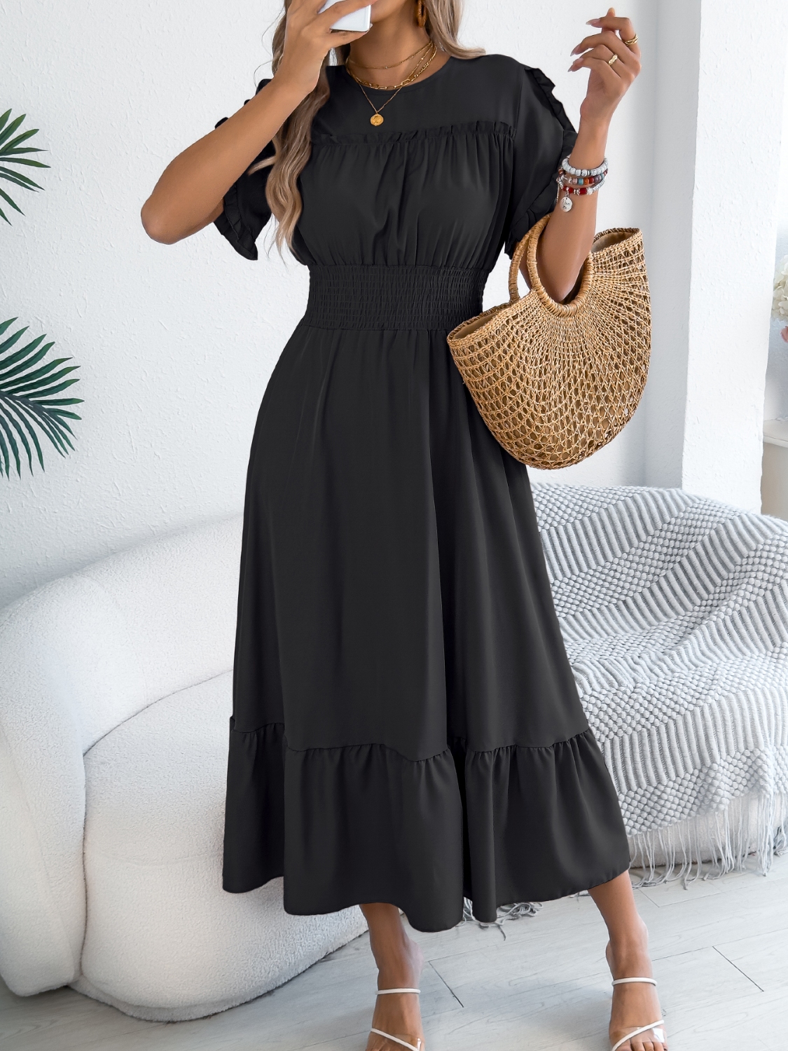 Smocked Frill Round Neck Midi Dress
