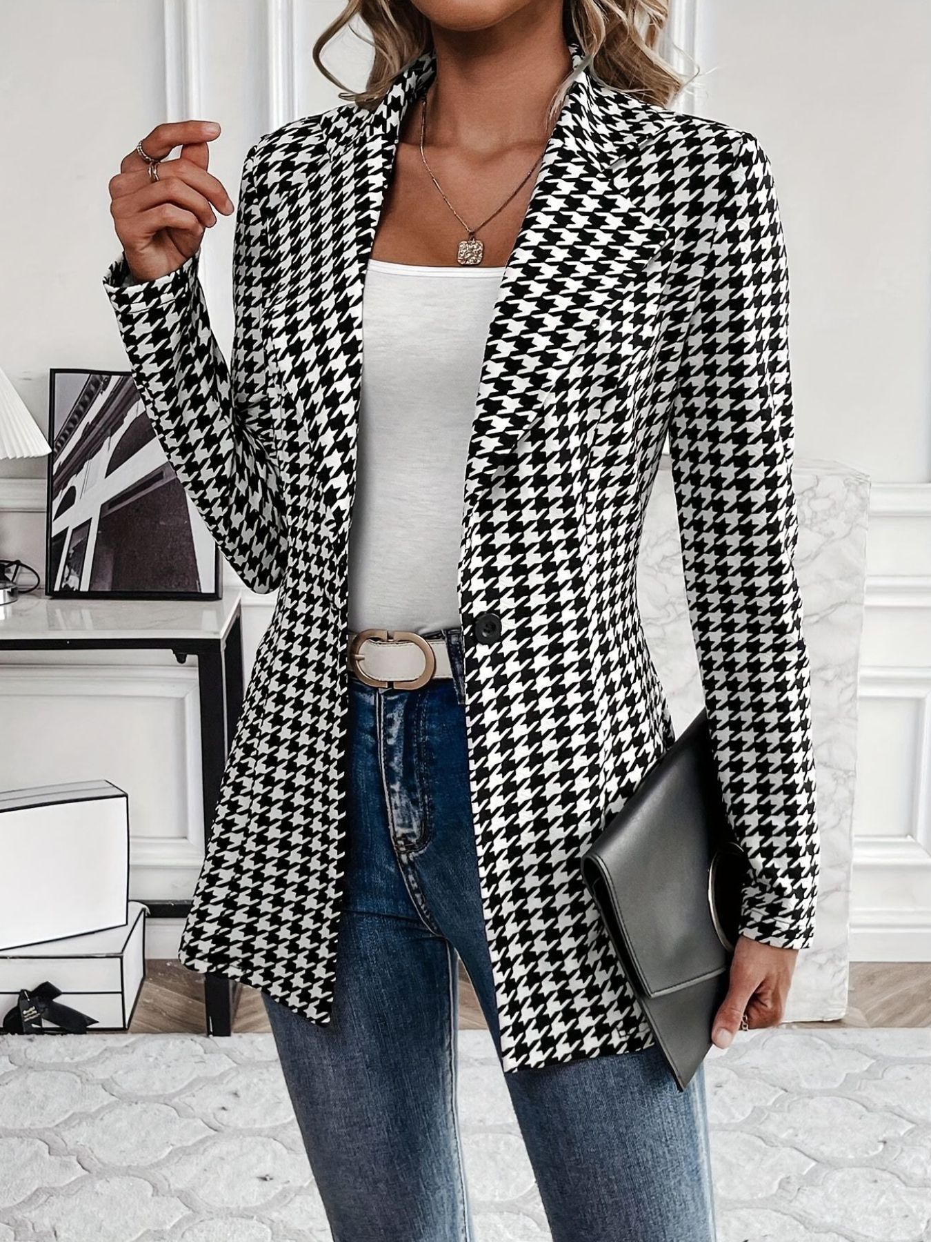 Houndstooth Print Lapel Collar Blazer