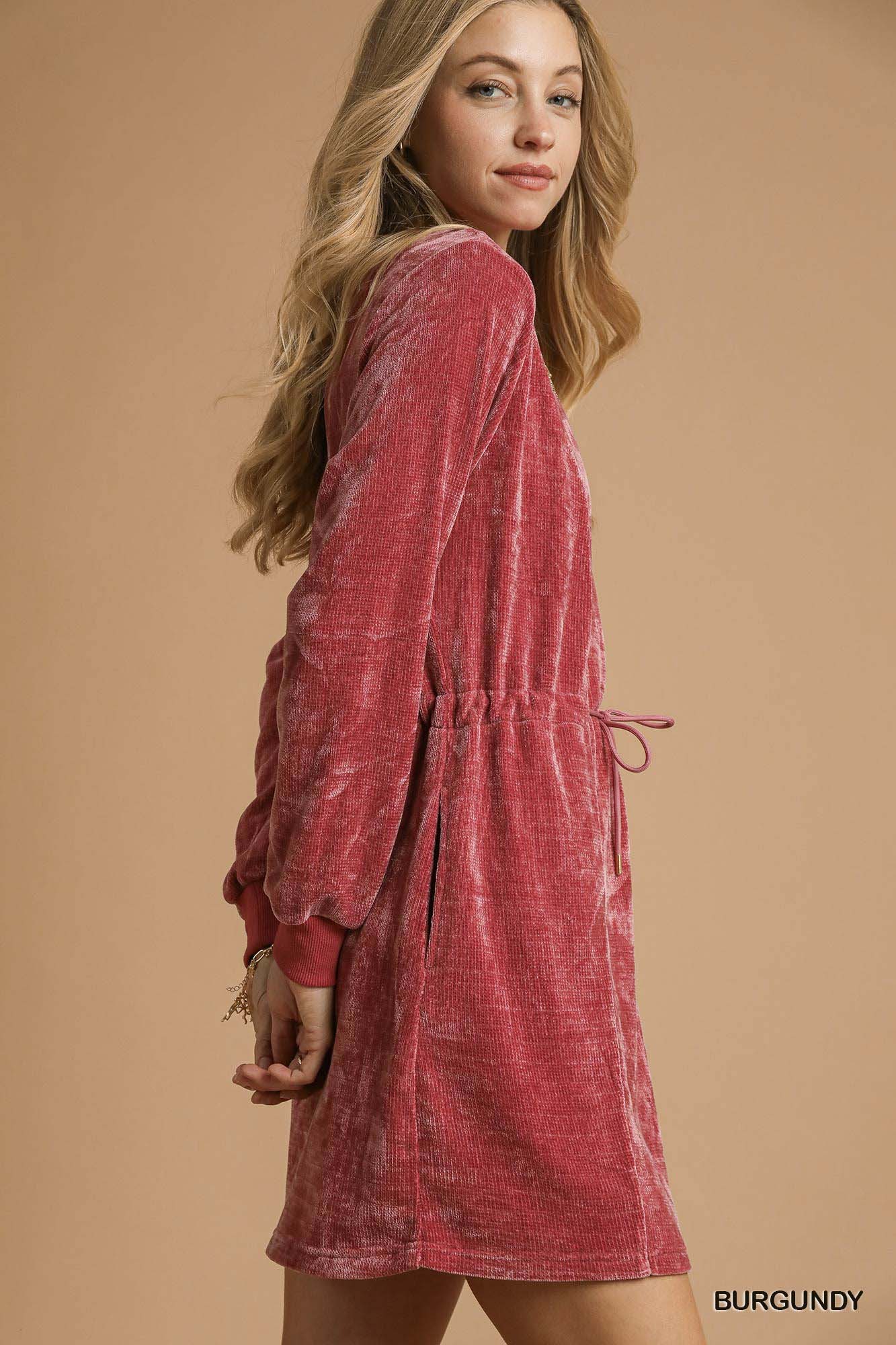 Umgee Velour Drawstring Mini Dress with Long Sleeves