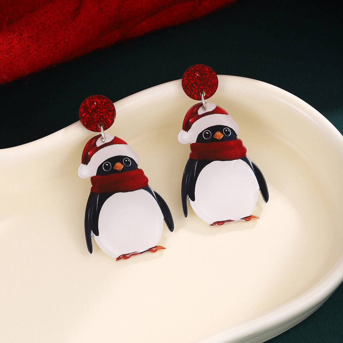 Christmas Penguin Santa Hat Holiday Earrings