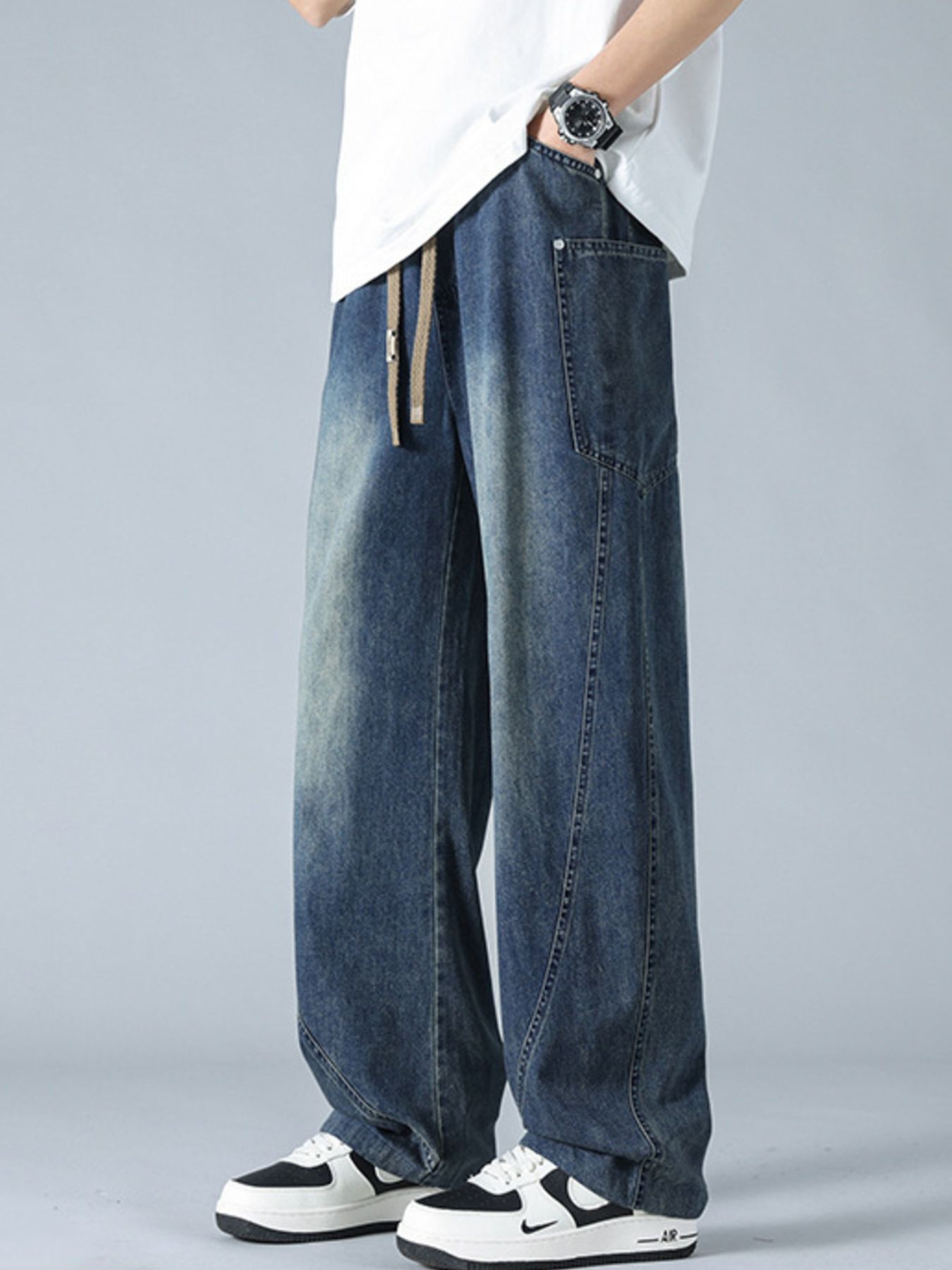 Men's Plus Size Drawstring Wide Leg Jeans
