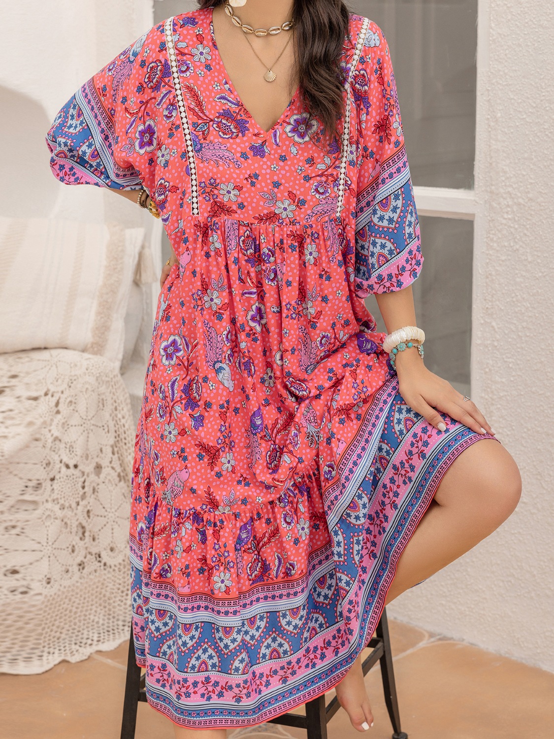 Printed Puff Sleeve Midi Dress