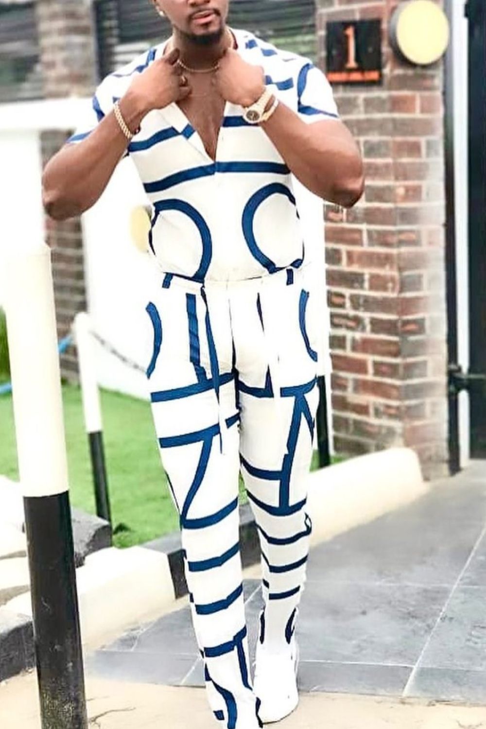 Men's Full Size Geo Print Short Sleeve Top and Pants Set Plus Size