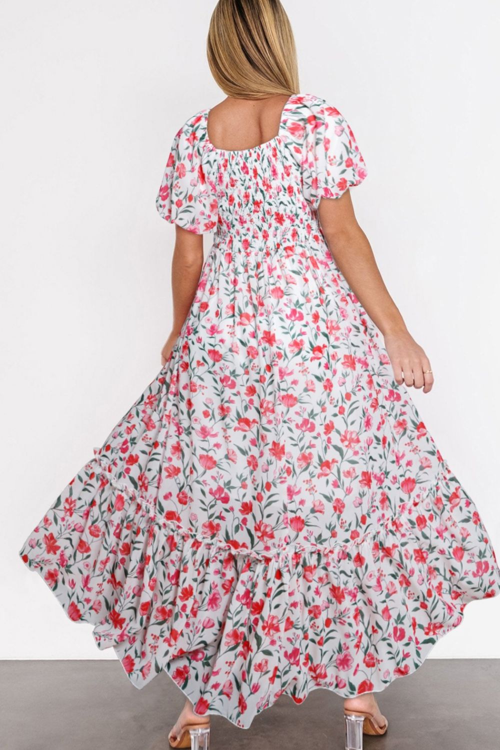 Floral Short Puff Sleeve Tiered Dress