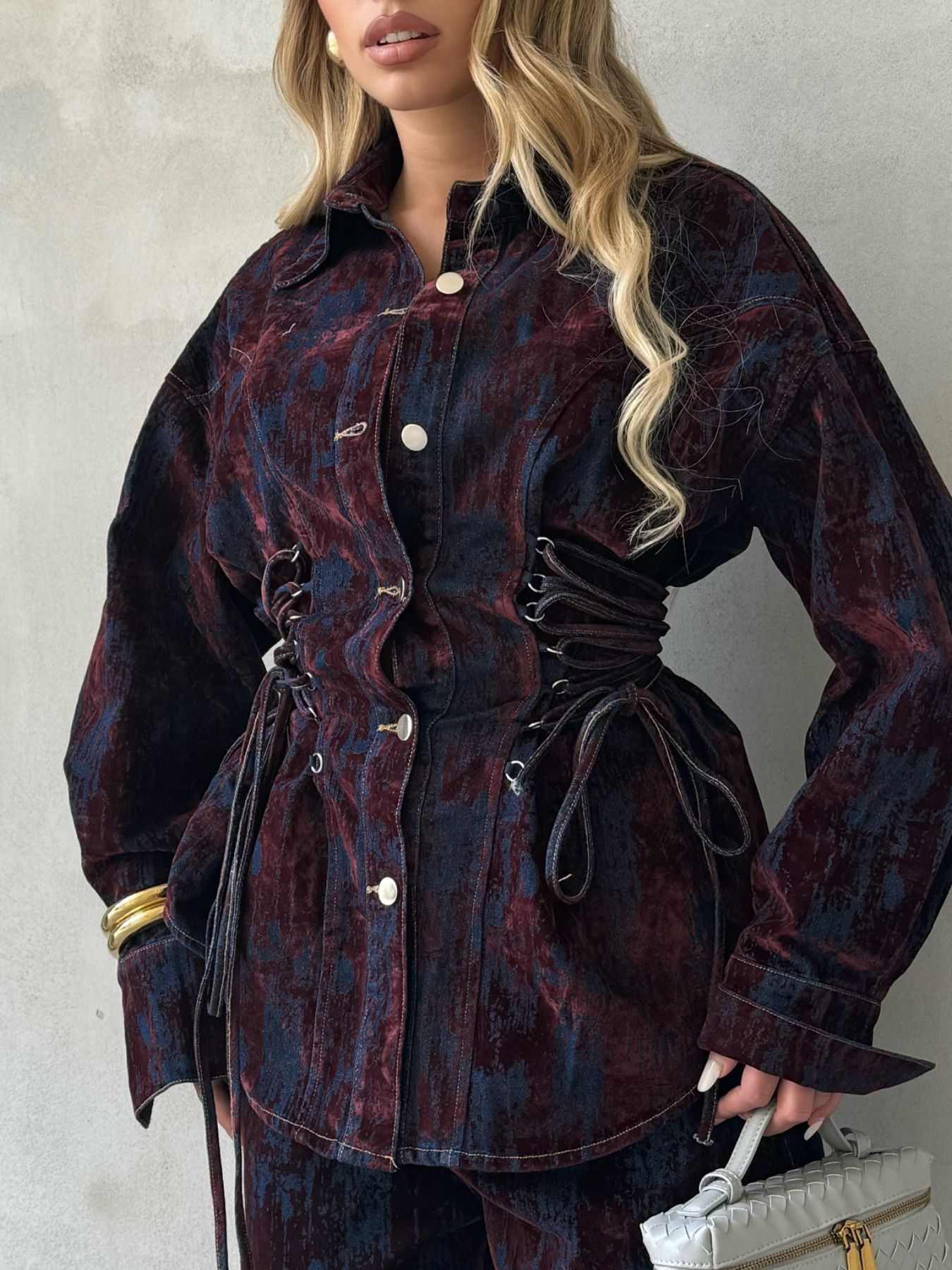 Lace Up Button Up Jacket and Jeans Denim Set