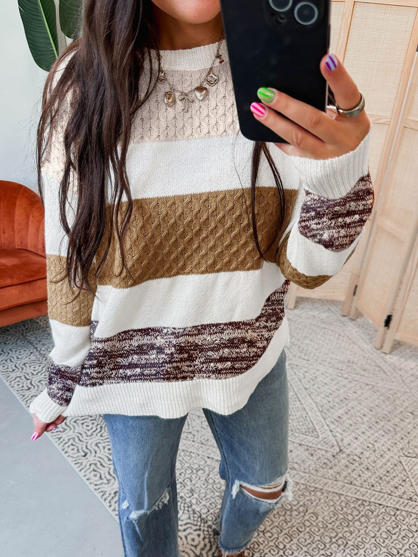Mixed Texture Knit Striped Color Block Loose Sweater