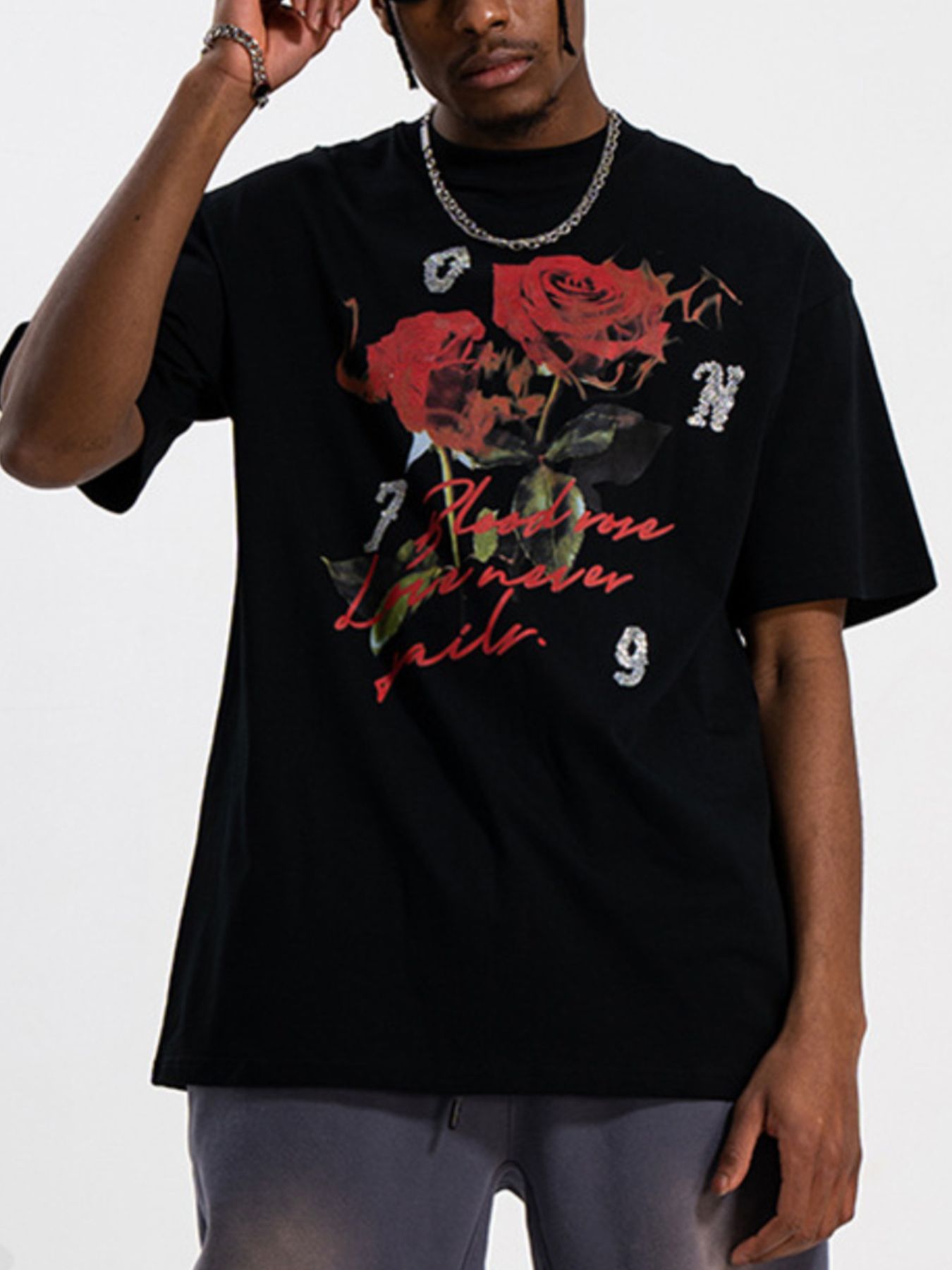 Men's Rose Graphic T-Shirt with Vintage Script Design