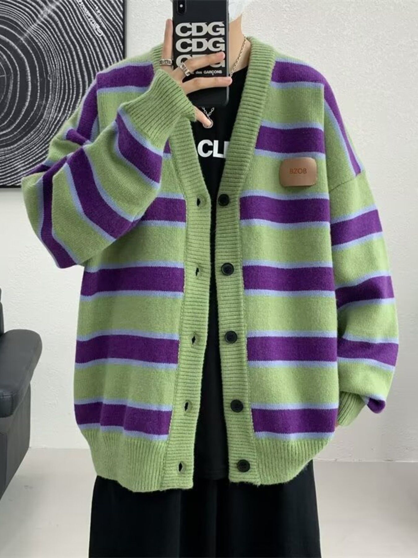 Men's Striped V-Neck Knitted Cardigan