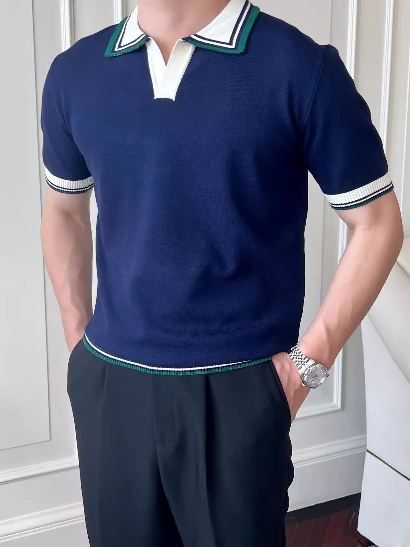 Men's Plus Size Classic Striped Collar Knit Polo Shirt