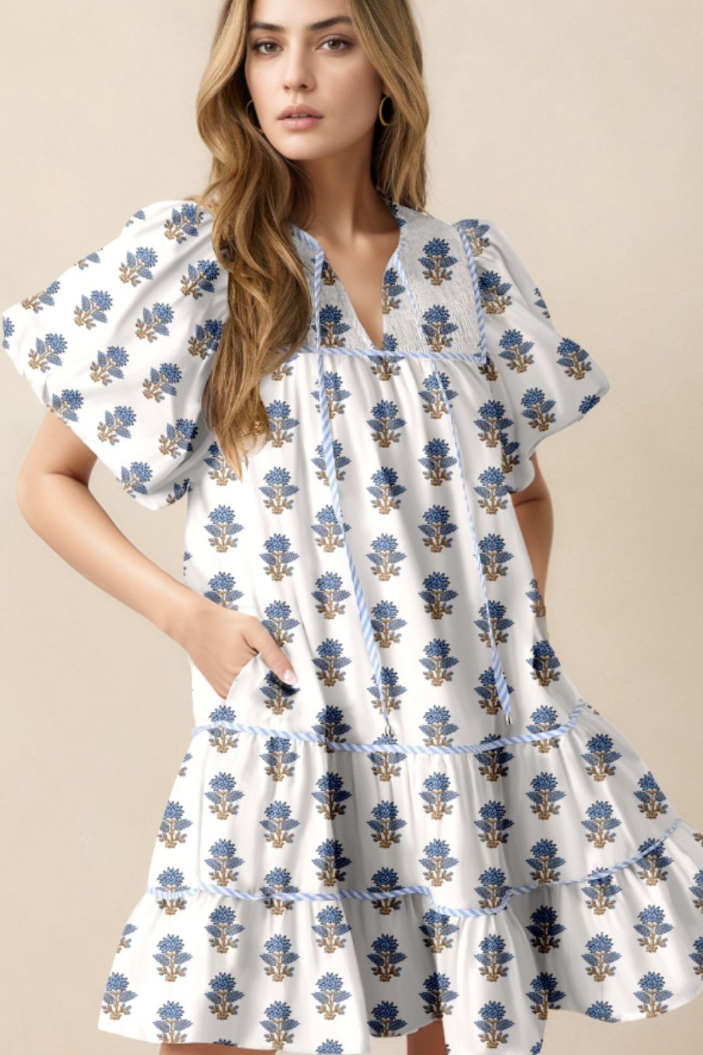 Floral Puff Sleeve Mini Dress with Pockets